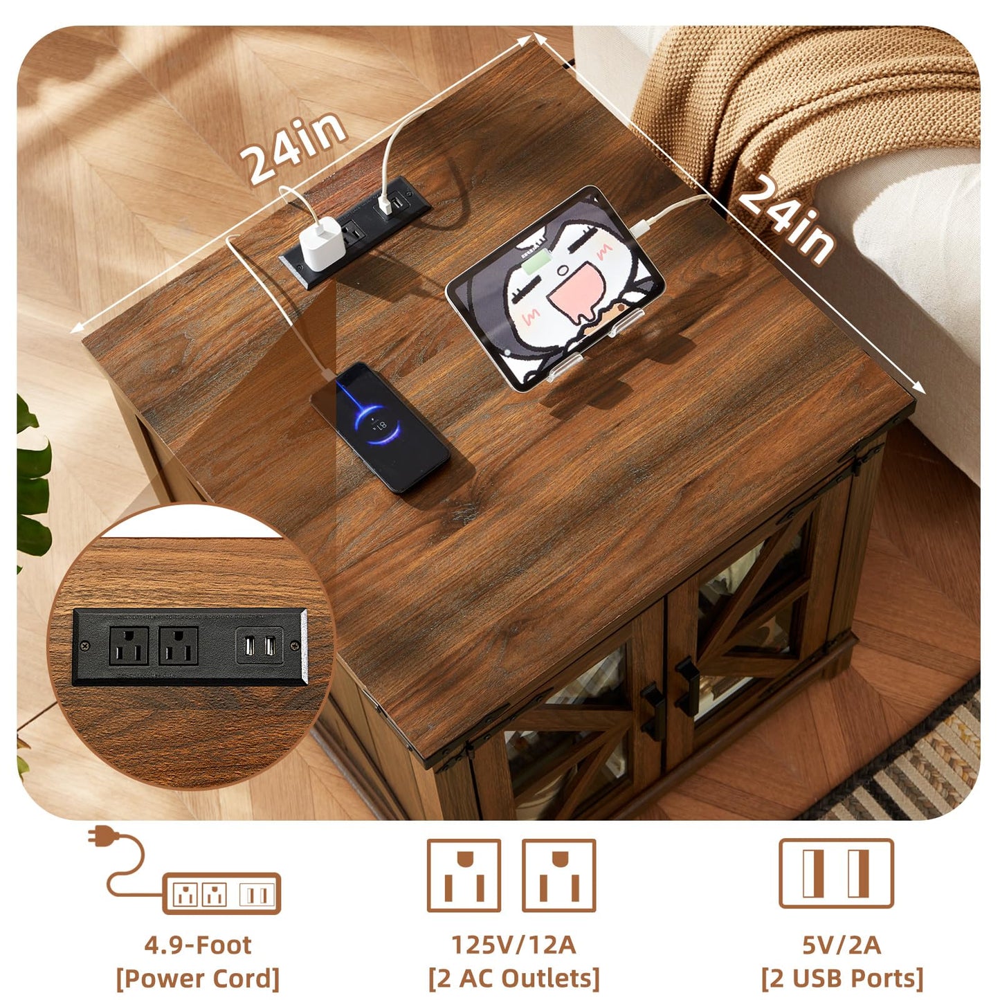 Joaxswe Farmhouse End Table with Charging Station Set 2, 24" Large Sofa Side Table with Glass Barn Door, Nightstand with Adjustable Storage Shelf,Wood Square Bedside Table for Living Room,Bedroom