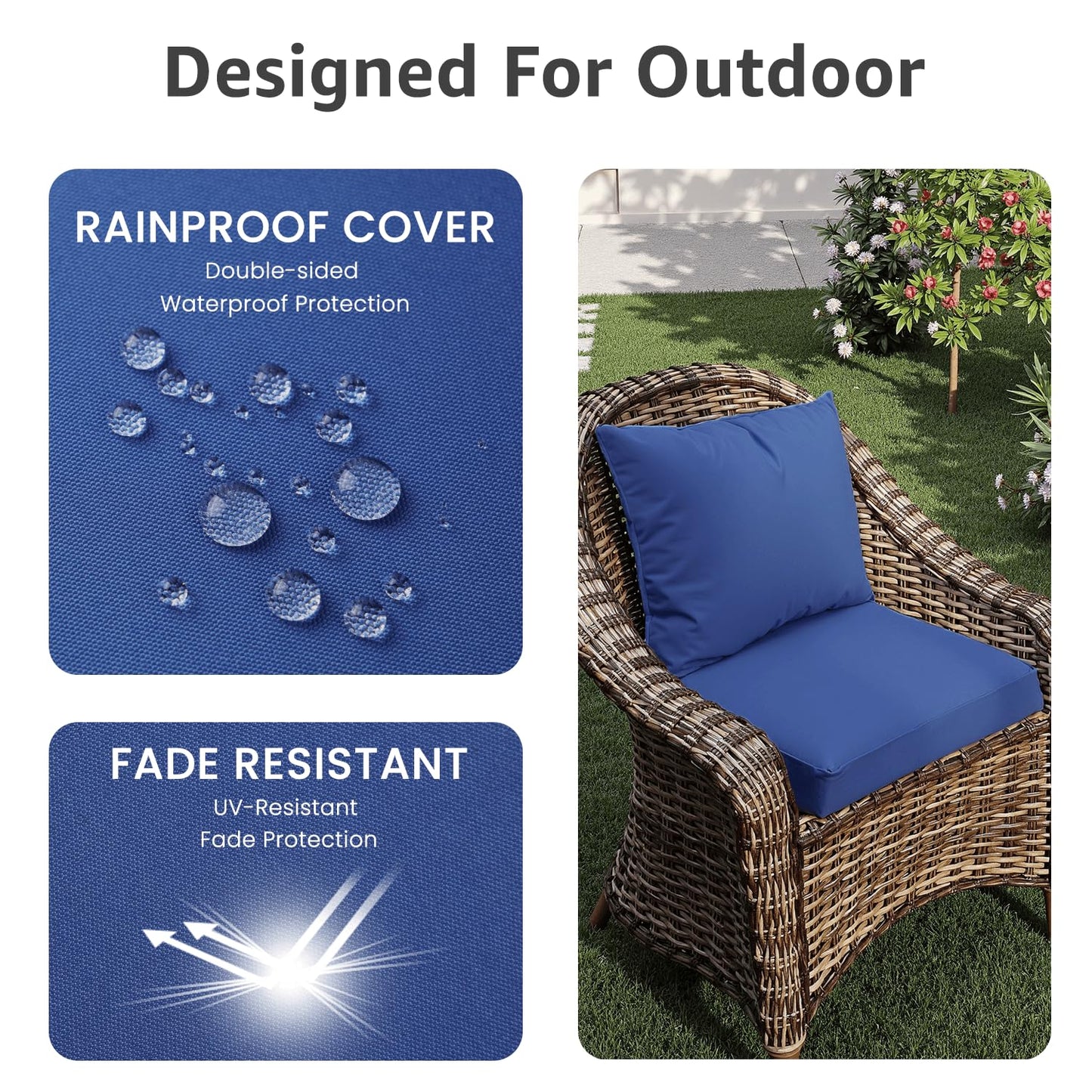 PatioGlow Outdoor Seat Cushion Set 24 x 24 x 4 Inch, Waterproof & Fade Resistant Patio Furniture Cushions with Removable Cover and Ties, Thick Deep Seating Pads for Outside Chair Sofa Couch, Blue