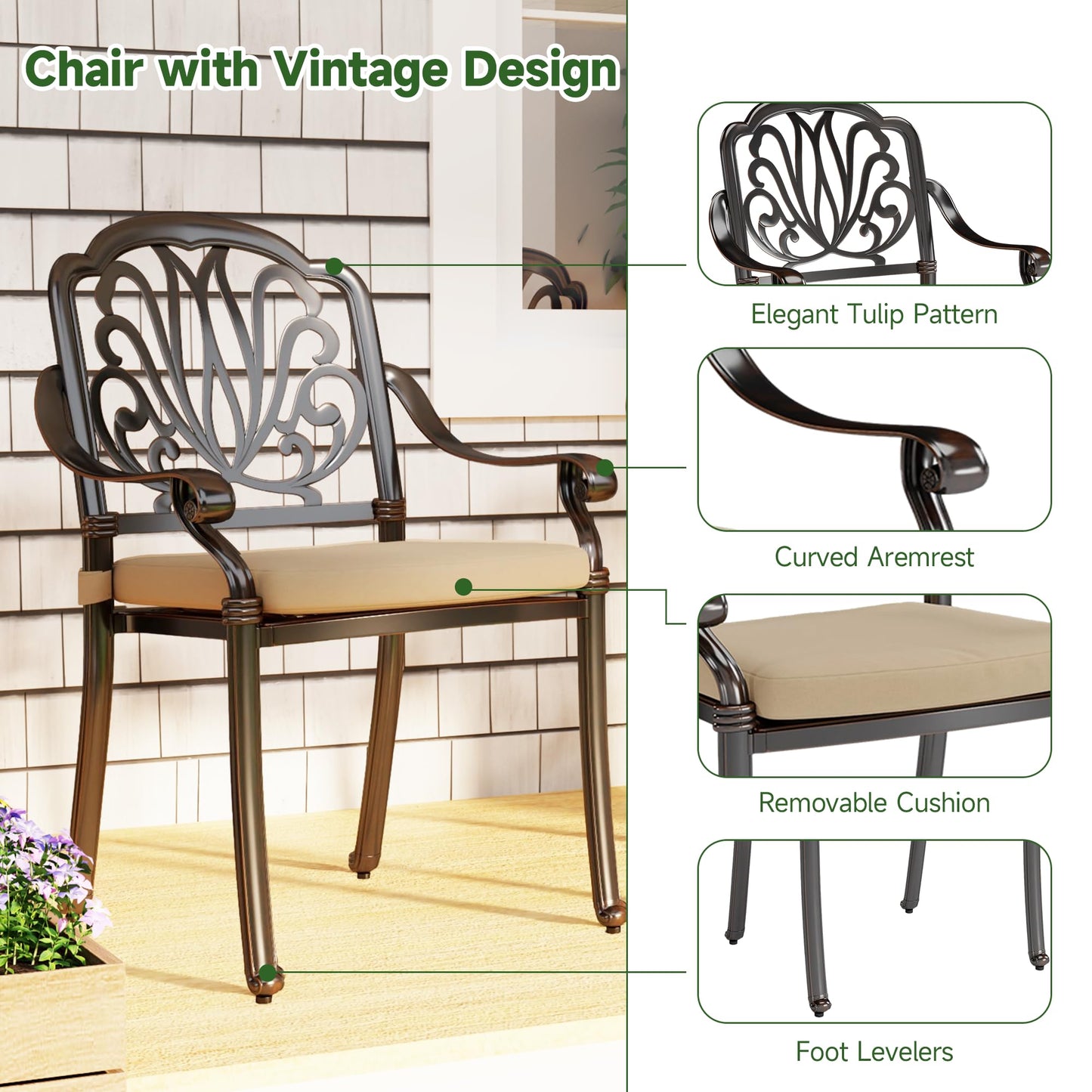 HOMTHING Cast Aluminum Outdoor Dining Chairs Set of 2, Patio Dining Chair with Seat Cushions,Rustproof UV Protected Comfortable Seating for Backyard&Poolside