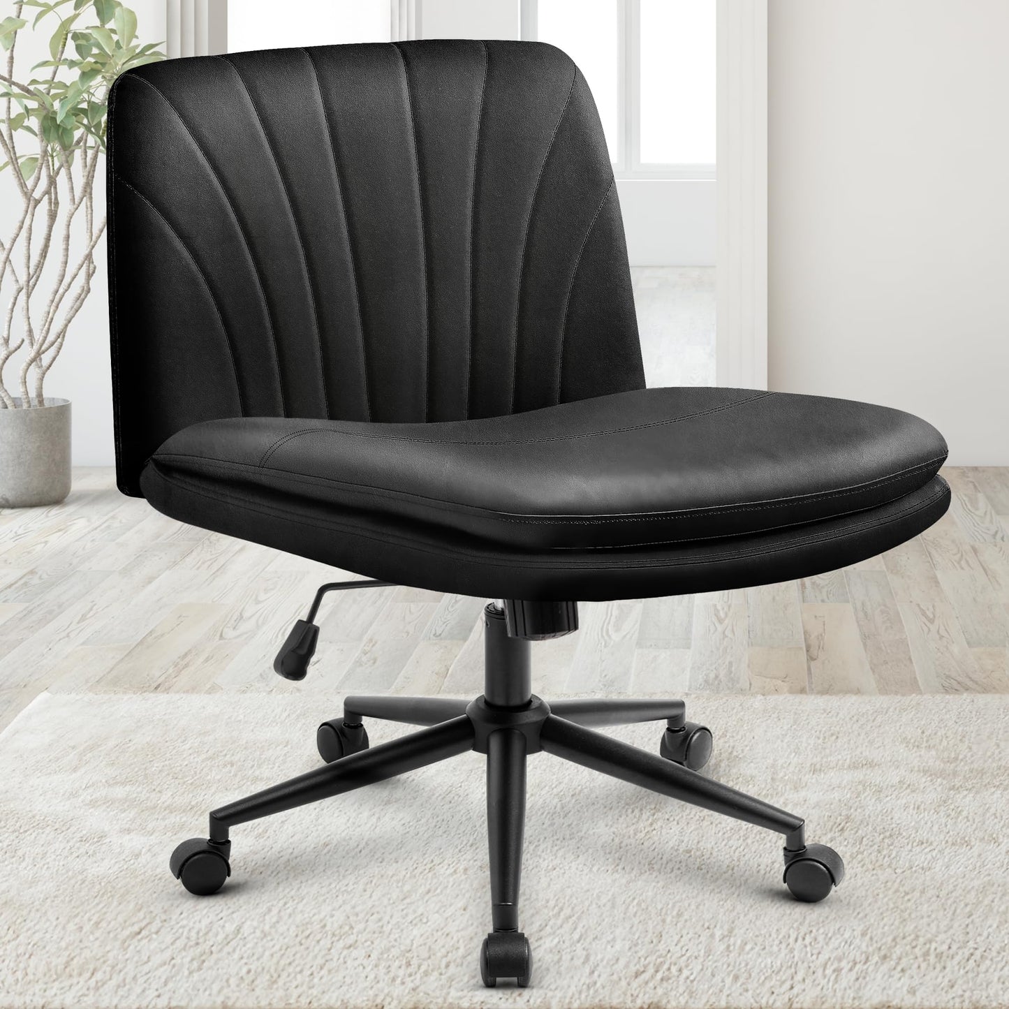 Orange Factory Criss Cross Chair with Wheels Comfy Wide Vanity Desk Chair Dual Base Leather Armless Adjustable Swivel for Home Computer Task (Black)