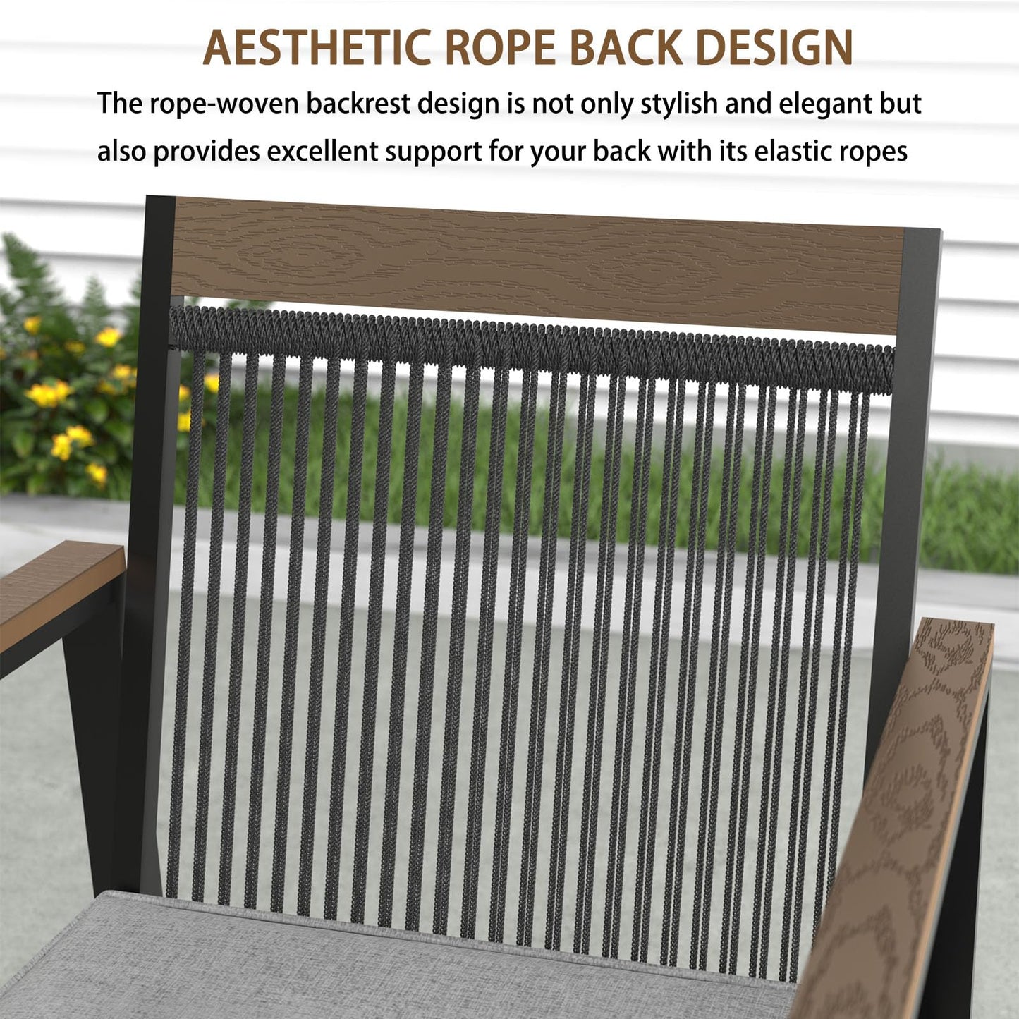YOEEMZ 5-Piece Patio Dining Table and Chair Sets, Outdoor Metal Dining Furniture Set with Umbrella Hole, Wood Grain Tabletop, 4 Rope Patio Chairs with Faux Wood Armrest & Cushions for Backyard, Deck