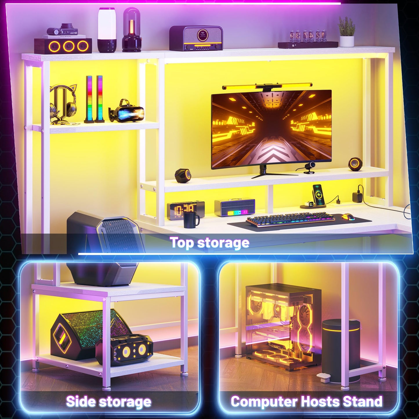 L Shaped Gaming Desk with LED Lights & Outlets,55" Computer Desk with Shelves & Storage Hutch,Reversible Corner Gaming Table with Printer Space & Monitor Stand for Game Room,Home Office,White