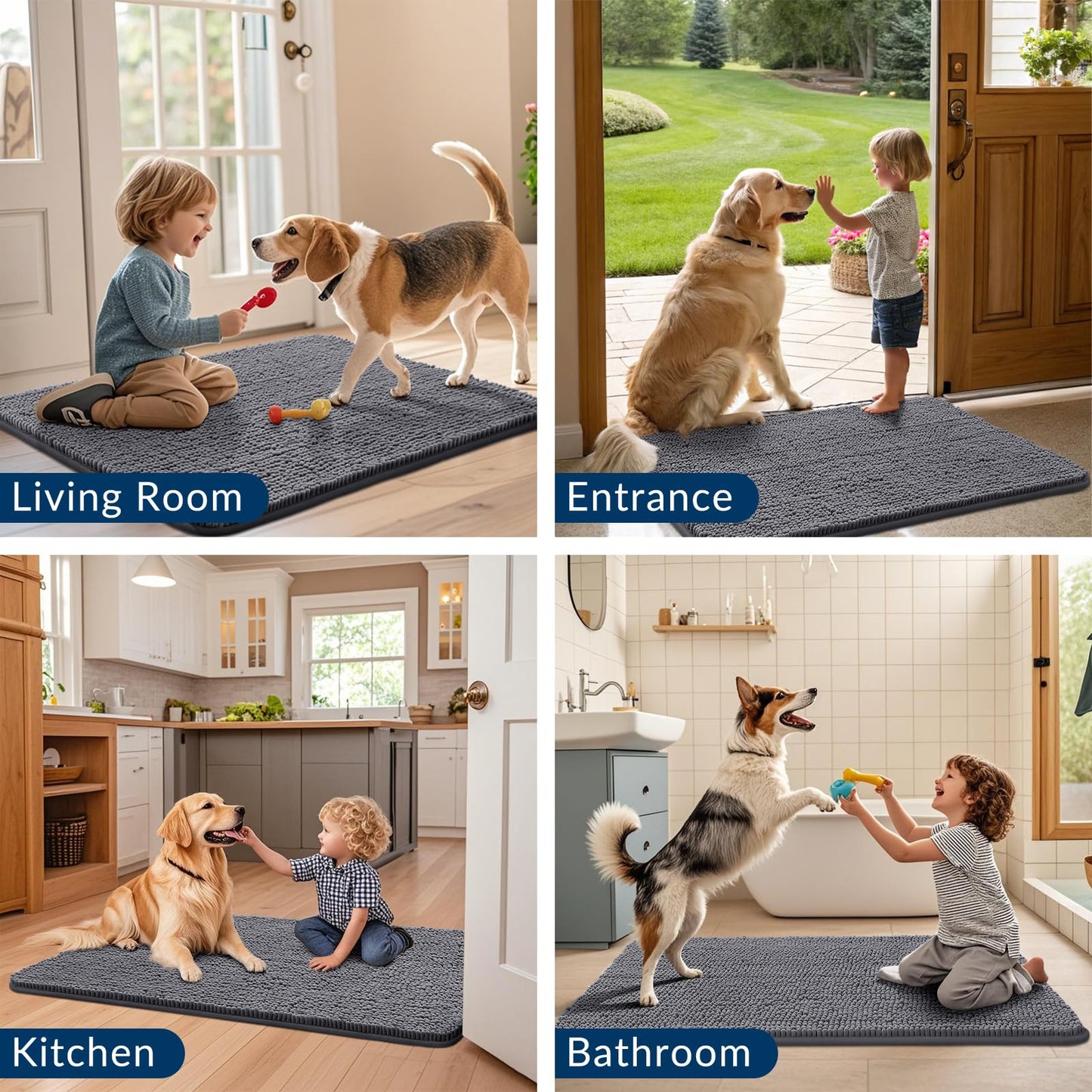 Smiry Dog Door Mat for Muddy Paws 59x24, Absorbs Moisture and Dirt Doormat, Non-Slip Washable Quick Dry Chenille Front Door Mat Indoor Entrance, Entryway Carpet for Inside Floor, Dark Grey