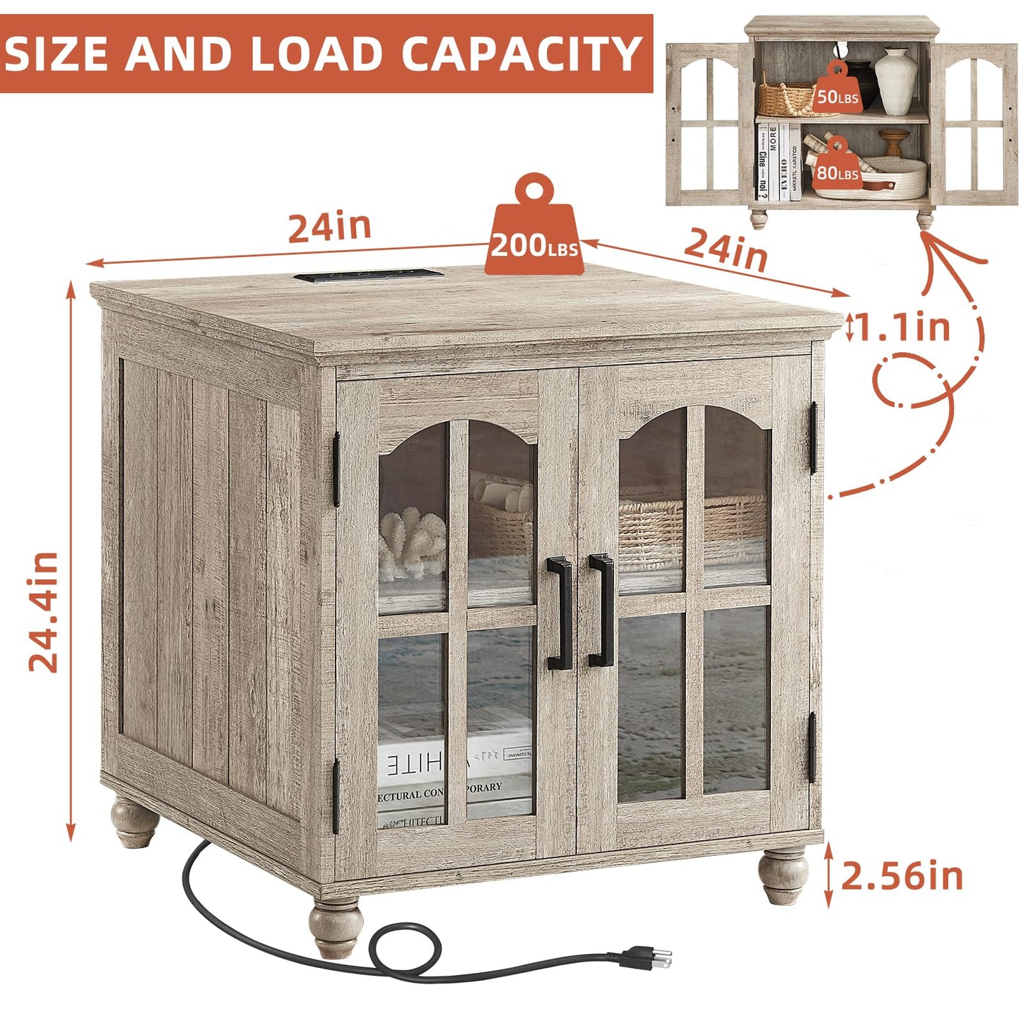 RWYHG Farmhouse End Table with Charging Station,24" Large Sofa Side Table with Glass Barn Door,Rustic Wood Night Stand with Adjustable Storage Shelf,Square Bedside Table for Living Room,Bedroom Office
