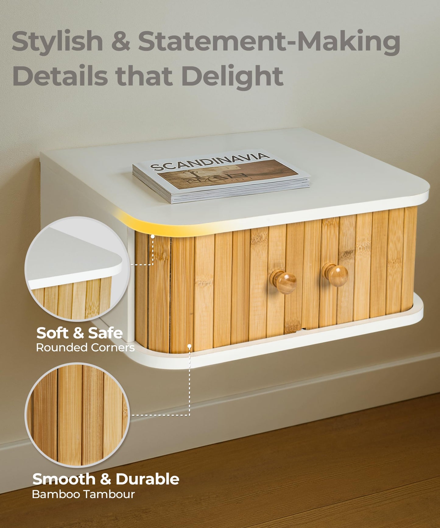 SUMGAR Floating Nightstand White Bedside Table Modern Boho Organiser Small Spaces Wall Mounted Shelf Storage with Drawers Wood Bamboo Natural Hanging Furniture for Bedroom Home Decor