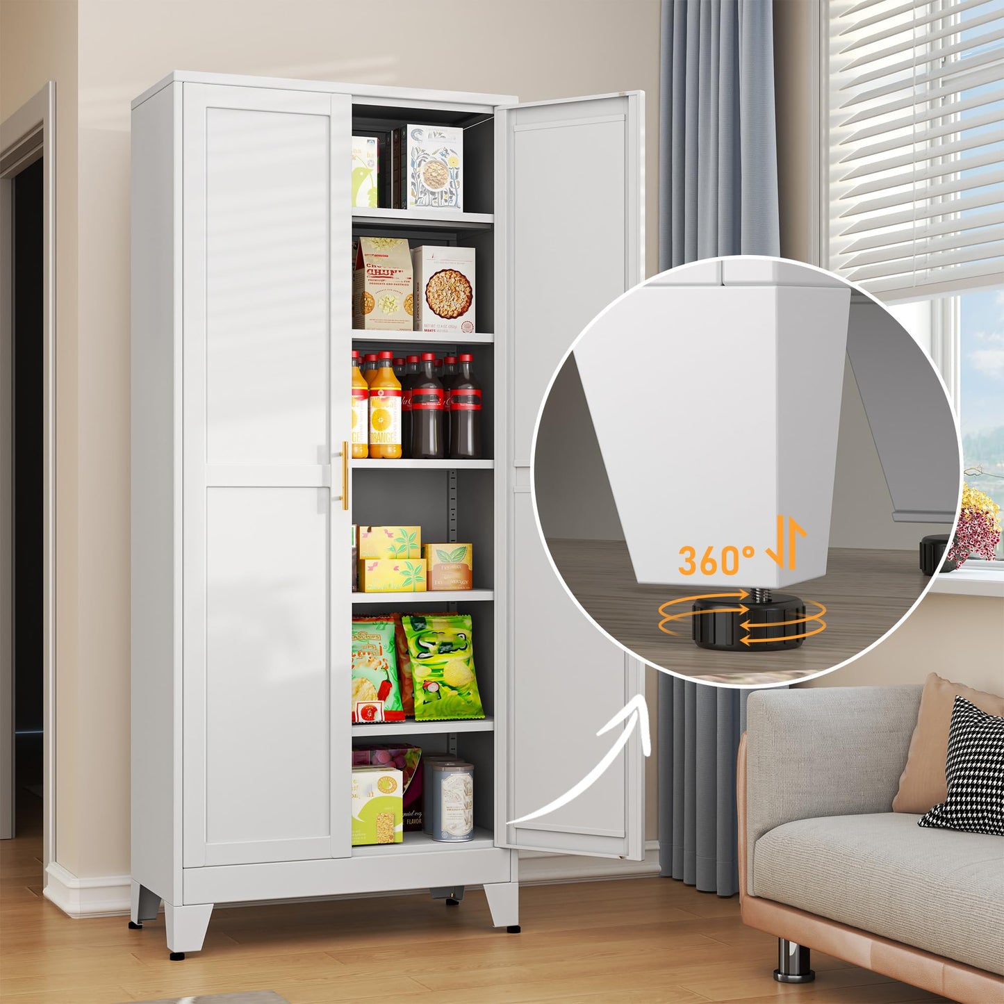 RISTERN White Metal Storage Cabinet,75" Steel Cabinets for Home Office, Kitchen Pantry Storage Cabinet with Doors and 5 Adjustable Shelves, Tool Cabinets, for Office, Home, Garage, School