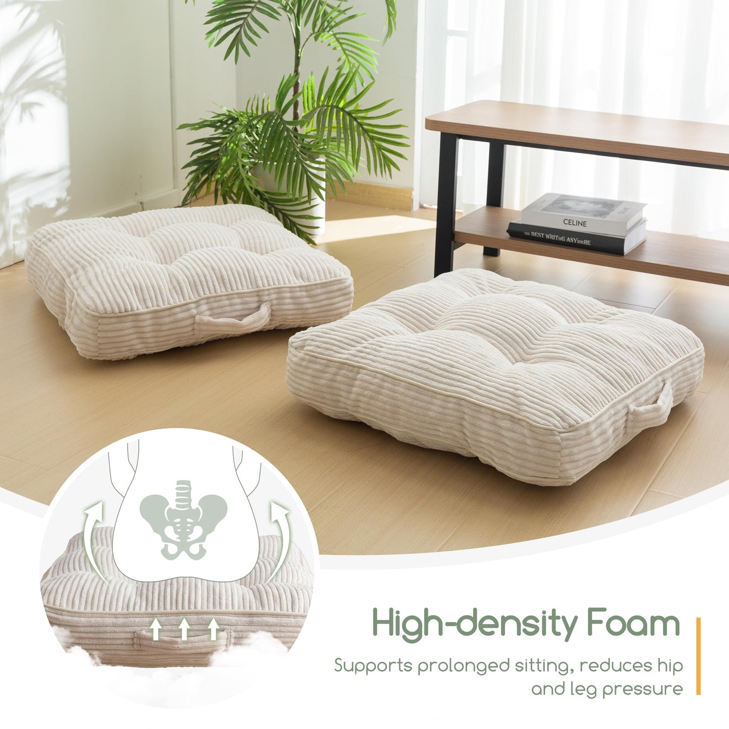 HIGOGOGO Washable Floor Pillow Cushion for Adults, Meditation Cushion Pillow, Large Square Floor Sitting, Removable Tufted Corduroy Cover, for Tatami Living Room or Yoga, 22x22 Inch, Machine Washable