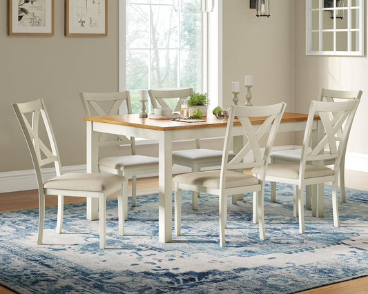 AMERLIFE 7-Piece Farmhouse Solid Wood Dining Table Set with 6 Upholstered Chairs, 60" Space Saving Dinner Table & Chairs Set, for Dining Room, Kitchen, Restaurant, Brown & White