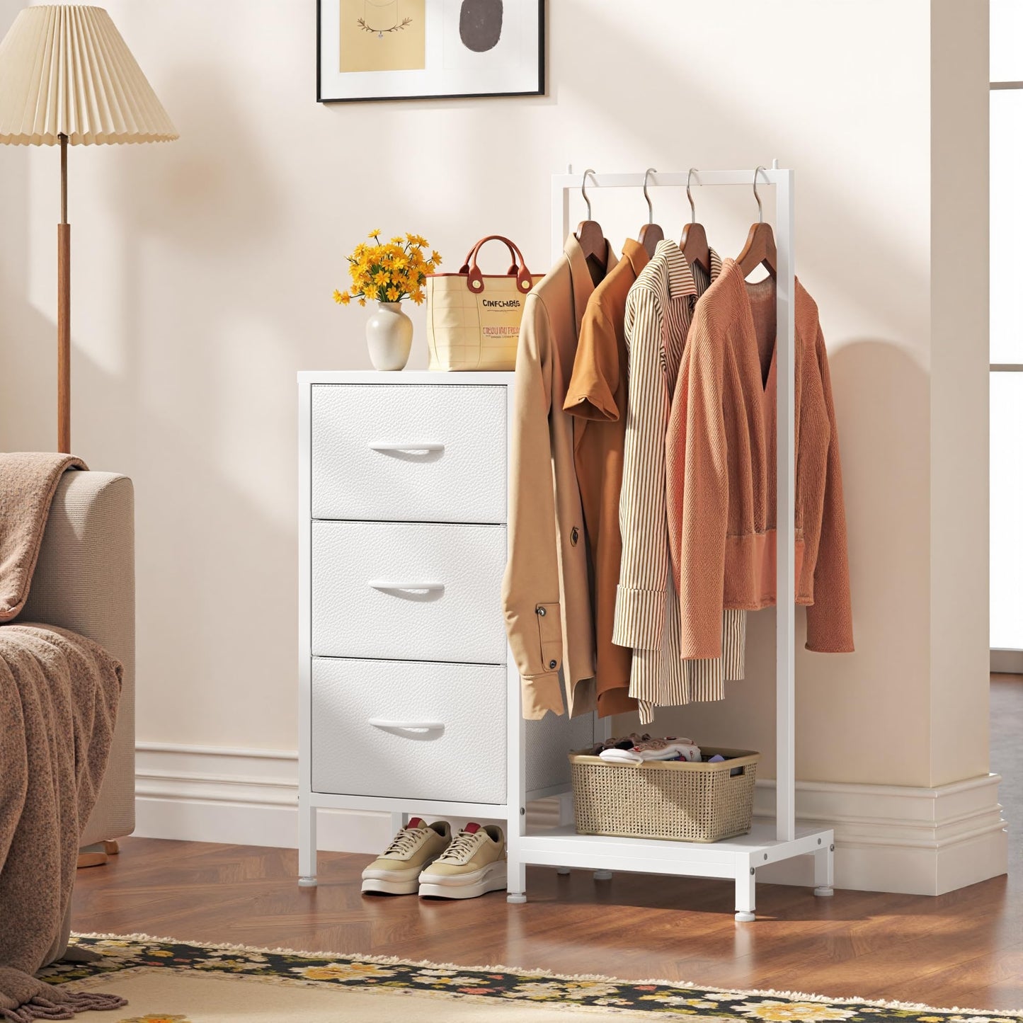 AFLUI Dresser for Bedroom with Hanging Rack, 3 Drawers Dresser for Bedroom - White