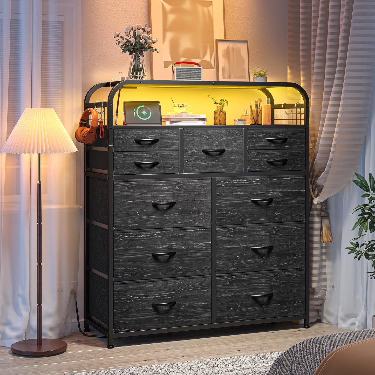 Dresser for Bedroom with 11 Drawers & Station, Chest of Drawers with LED Lights & 4 Hooks, Closet, Living Room, Entryway, Black