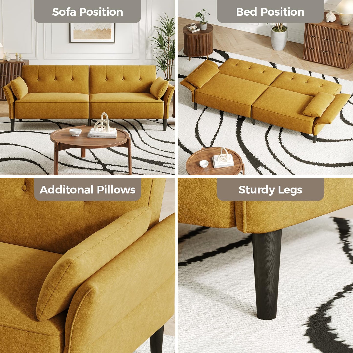 COPIAE 89” Futon Sofa Bed,Comfy Futon Couch Bed with 2 Square Pillows, Convertible Sleeper Sofa with Adjustable Backrest& Armrests, Modern Loveseat Sleeper for Living Room, Bedroom, Yellow