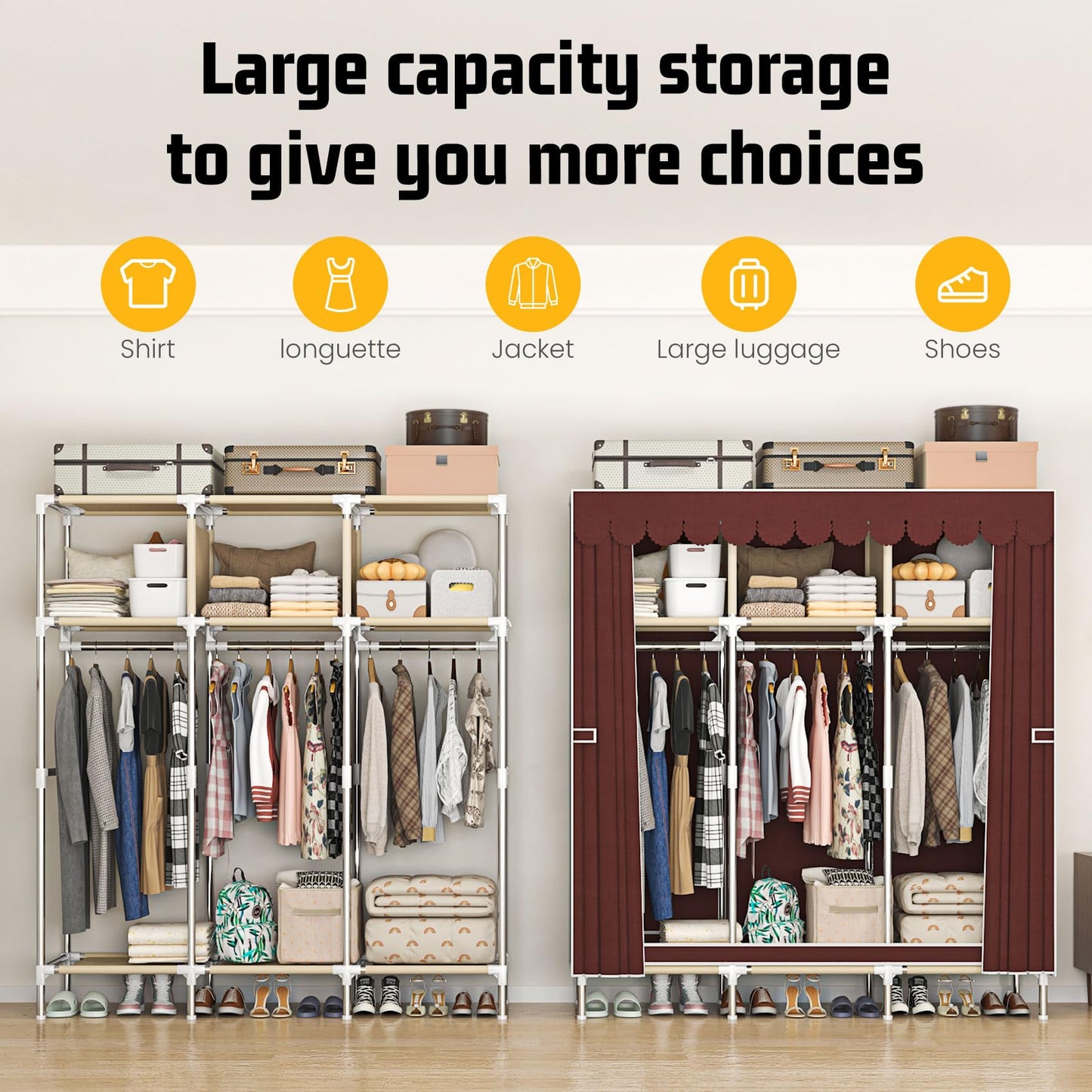 LEAIJIAFY Portable Wardrobe Closet with Metal Frame, Deep Red & Brown Fabric Cover, 3-Tier Storage with Hanging Rod, 3 Storage Area for Clothing,Bedding (Deep Red)