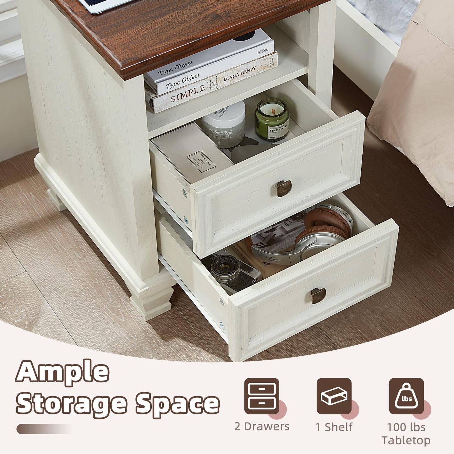 SAVOR LIFE Farmhouse Nightstand Set of 2 with Charging Station, Rustic White Nightstand,2 Drawers End Table for Living Room,Bedside Table with Open Shelf for Bed Room,White