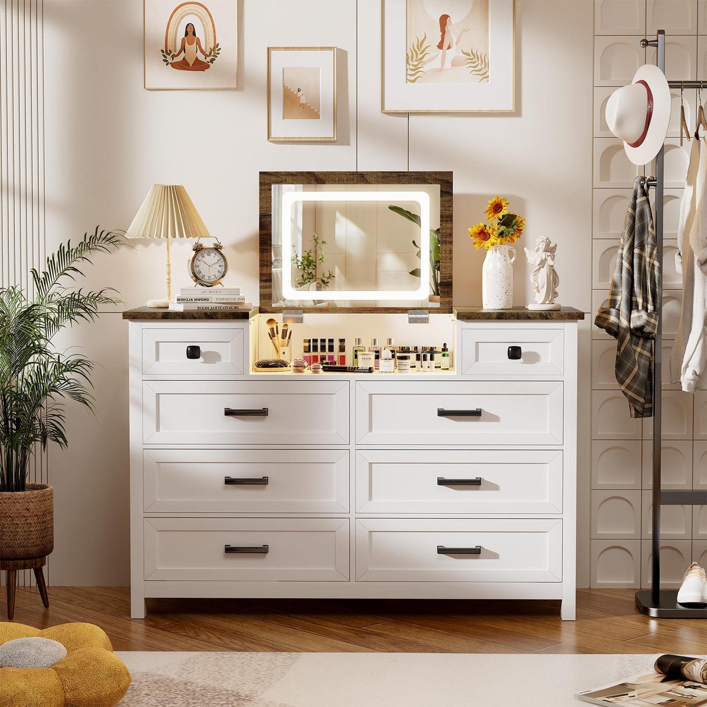 BROTTAR Dresser with Mirror for Bedroom, Chest of Drawers with LED Mirror, 8 Drawer Dresser with Charging Station, White Kids Dressers, Farmhouse Makeup Vanity with Storage for Bedroom