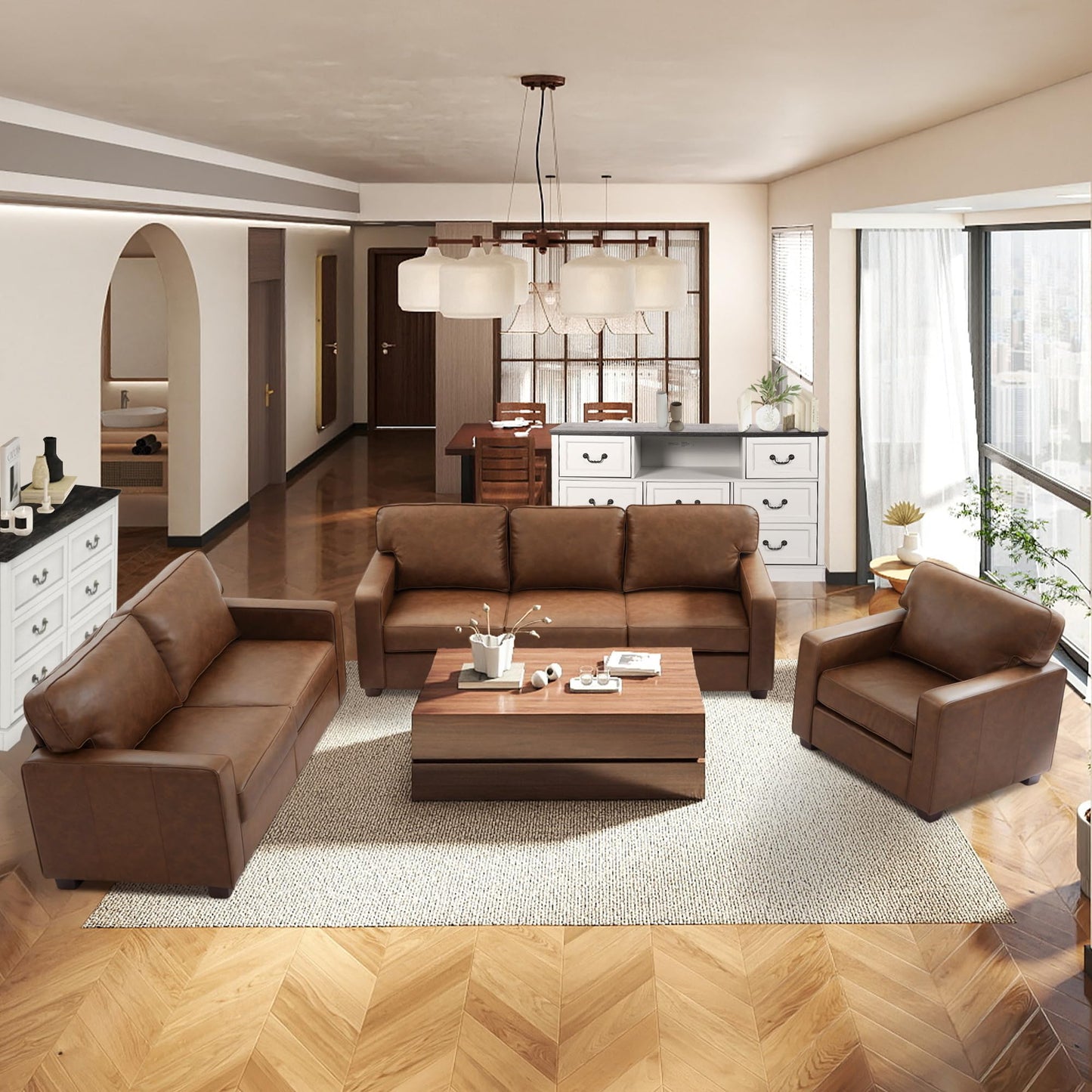 HXZDZ 83" PU Faux Leather Couch, Mid-Century Modern 3-Seat Sofa with Solid Wood Legs for Living Room, Bedroom, Office, Brown