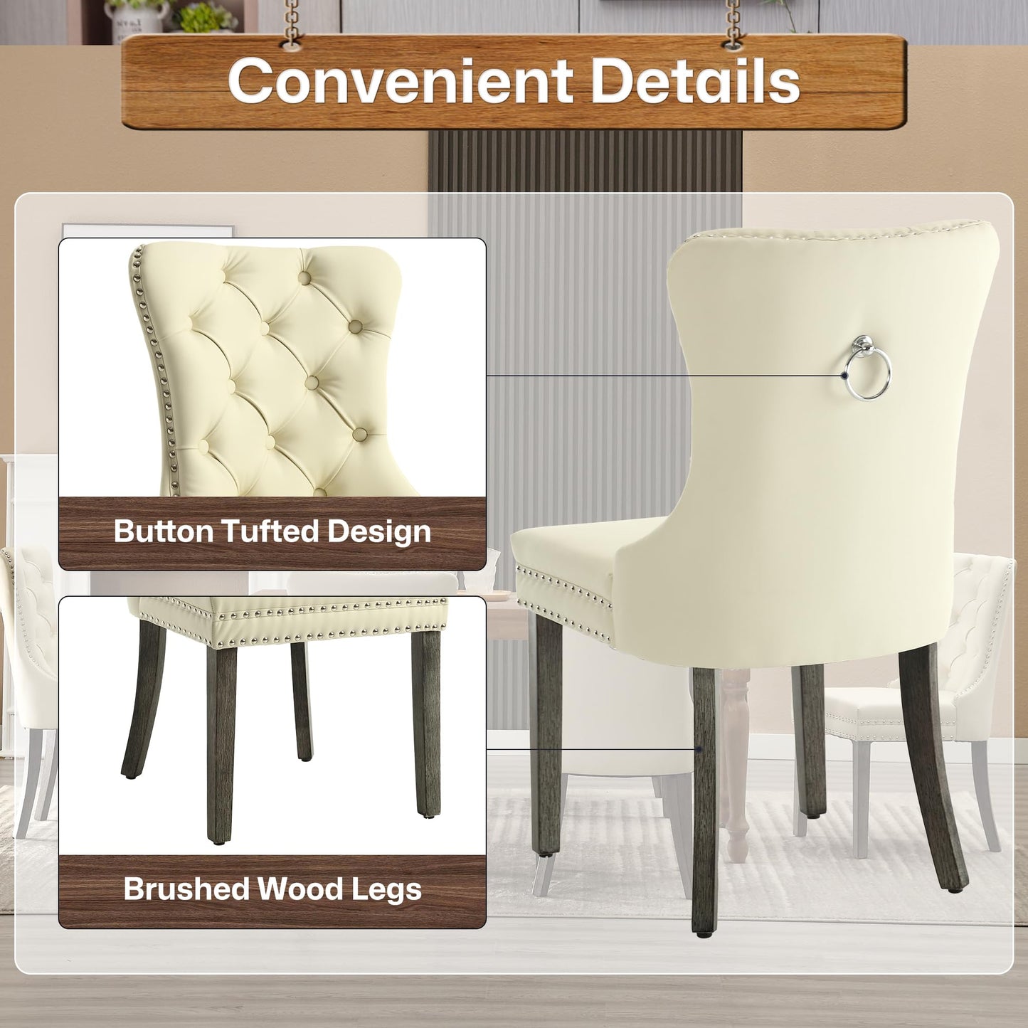 GOOLON PU Leather Dining Chairs Set of 2, Upholstered Button Tufted Dining Room Chairs with Rivet Trim Metal Pull Ring Wood Legs for Kitchen, Restaurant, Beige