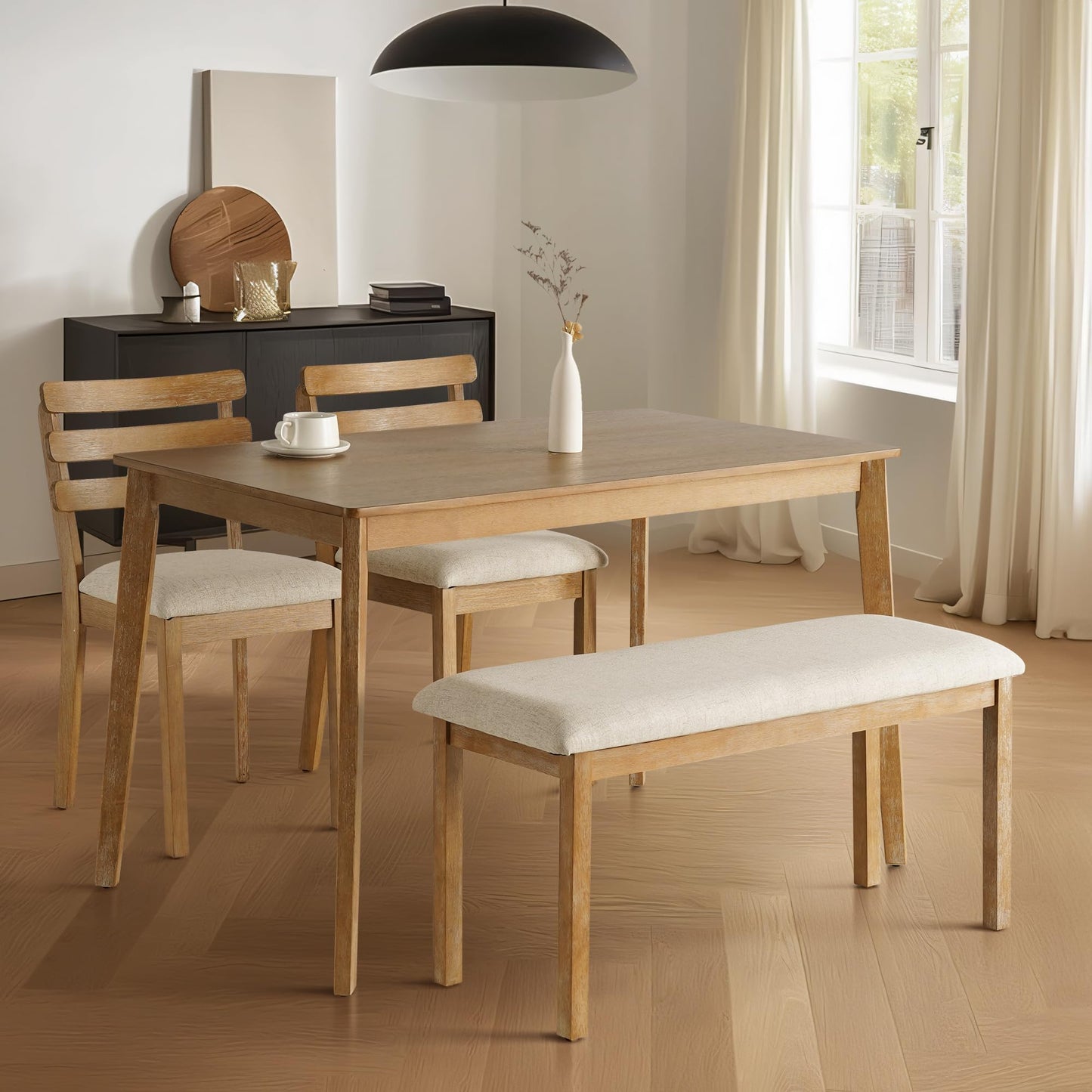 SIMTONAL 4-Piece Farmhouse Dining Set, Wooden Table with 2 Chairs, Bench Seat, Mid-Century Modern Wooden Table & Upholstered Chair Set for Home, Kitchen, Dining Room, Solidwood Legs