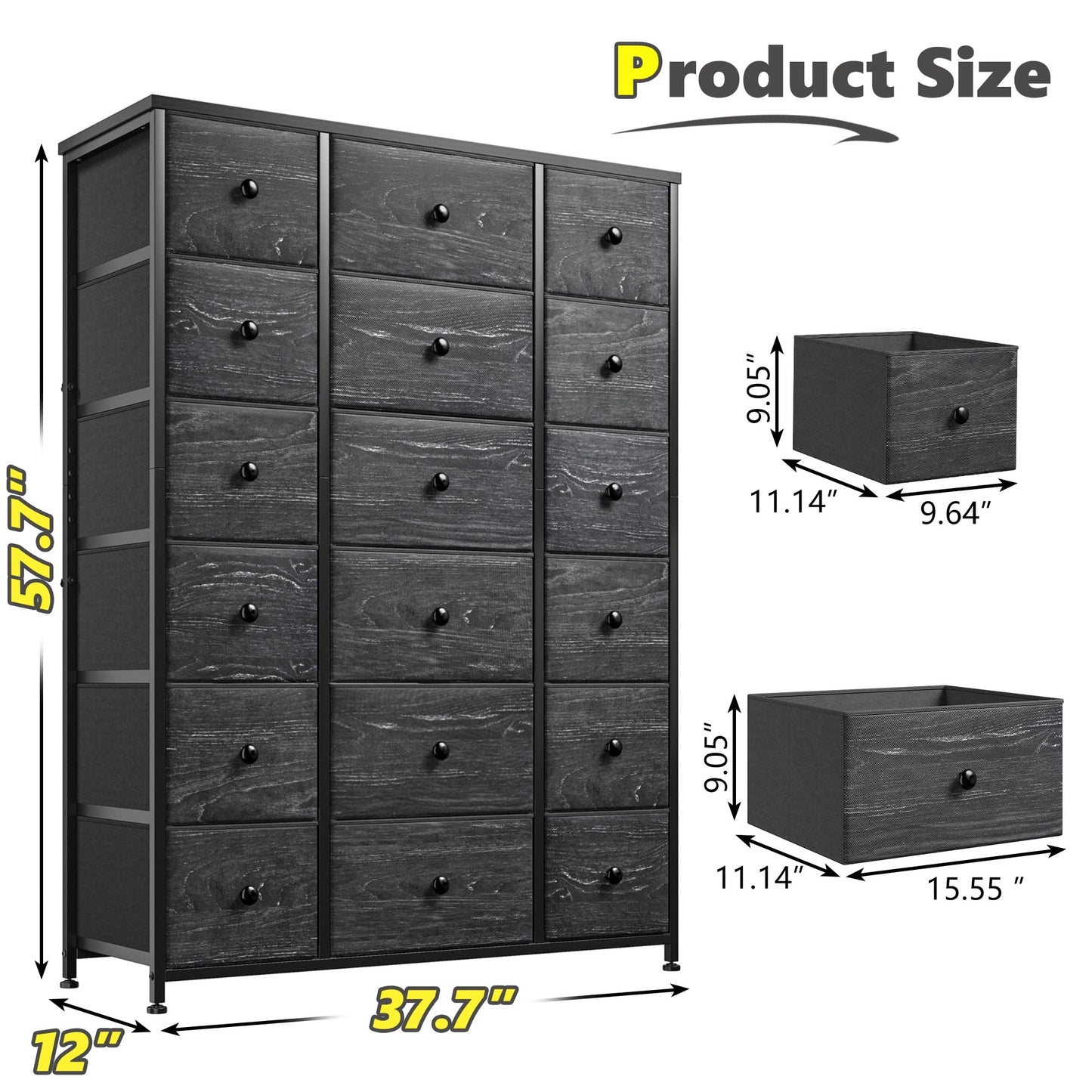 EnHomee 57.7" H Tall Dresser for Bedroom with 18 Drawers, Dressers & Chests of Drawers Fabric Dresser with Wooden Top & Metal Frame,Living Room, Closet, Hallway, Black Wood Grain
