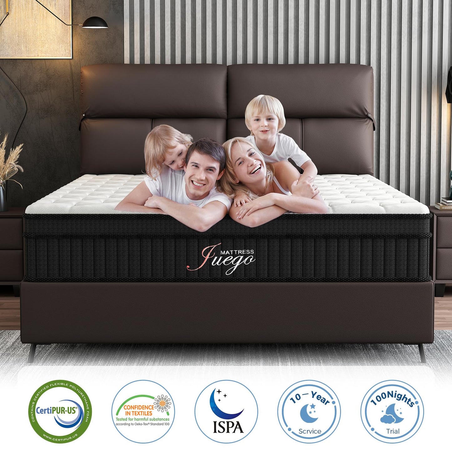 Juego Queen Mattress, 12 Inch Mixed Memory Foam Mattress. Bagged Spring, Zoned Pressure Relief, Medium Firm Feel, Motion Isolation, Deep Sleep, Certified Safe Foams and Fabric, CertiPUR-US,Black