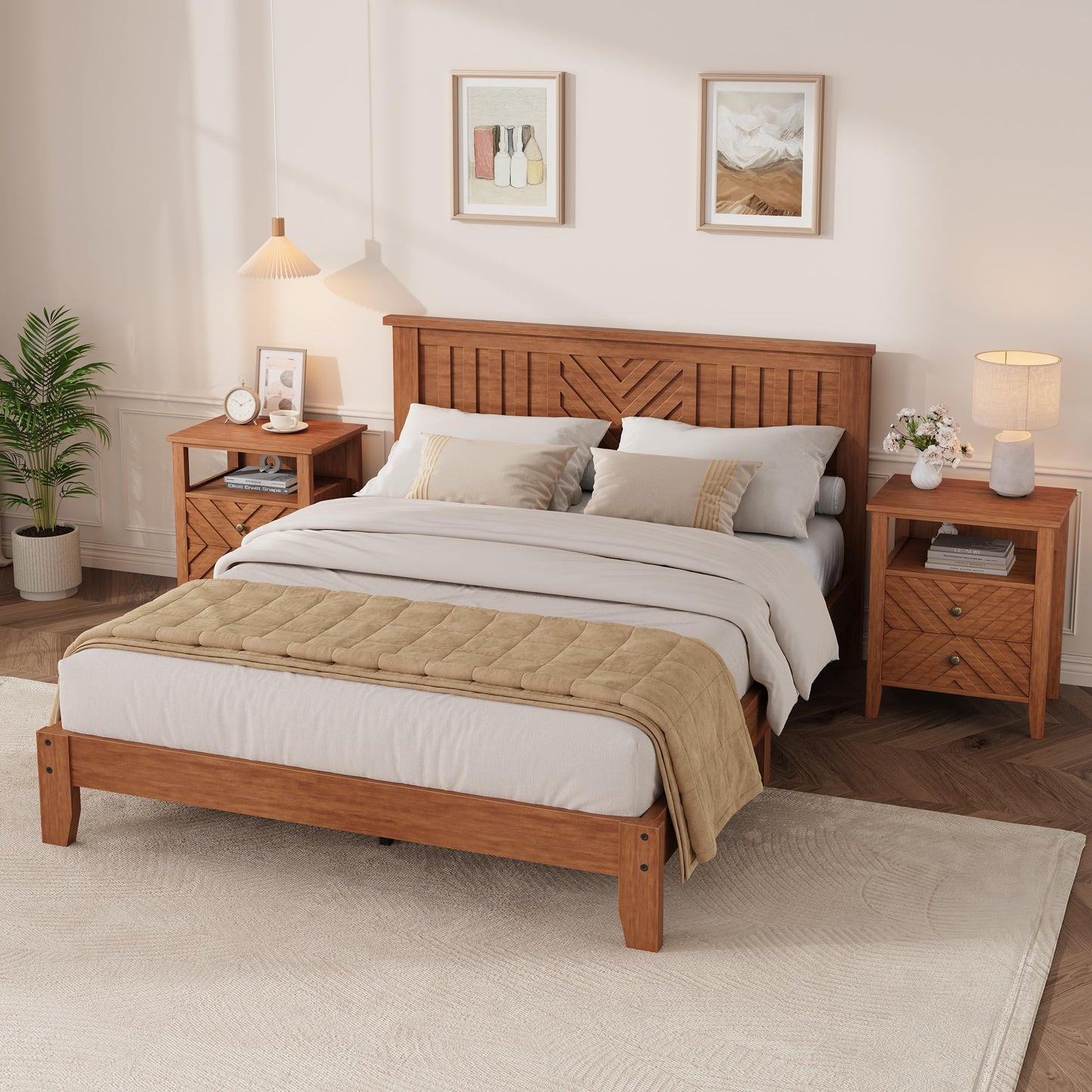 SLEKVERSA Wooden Platform Bed Frame with Headboard, Queen Size Mattress Foundation with Wooden Slat Support, No Box Spring Needed, Easy Assembly, Light Brown