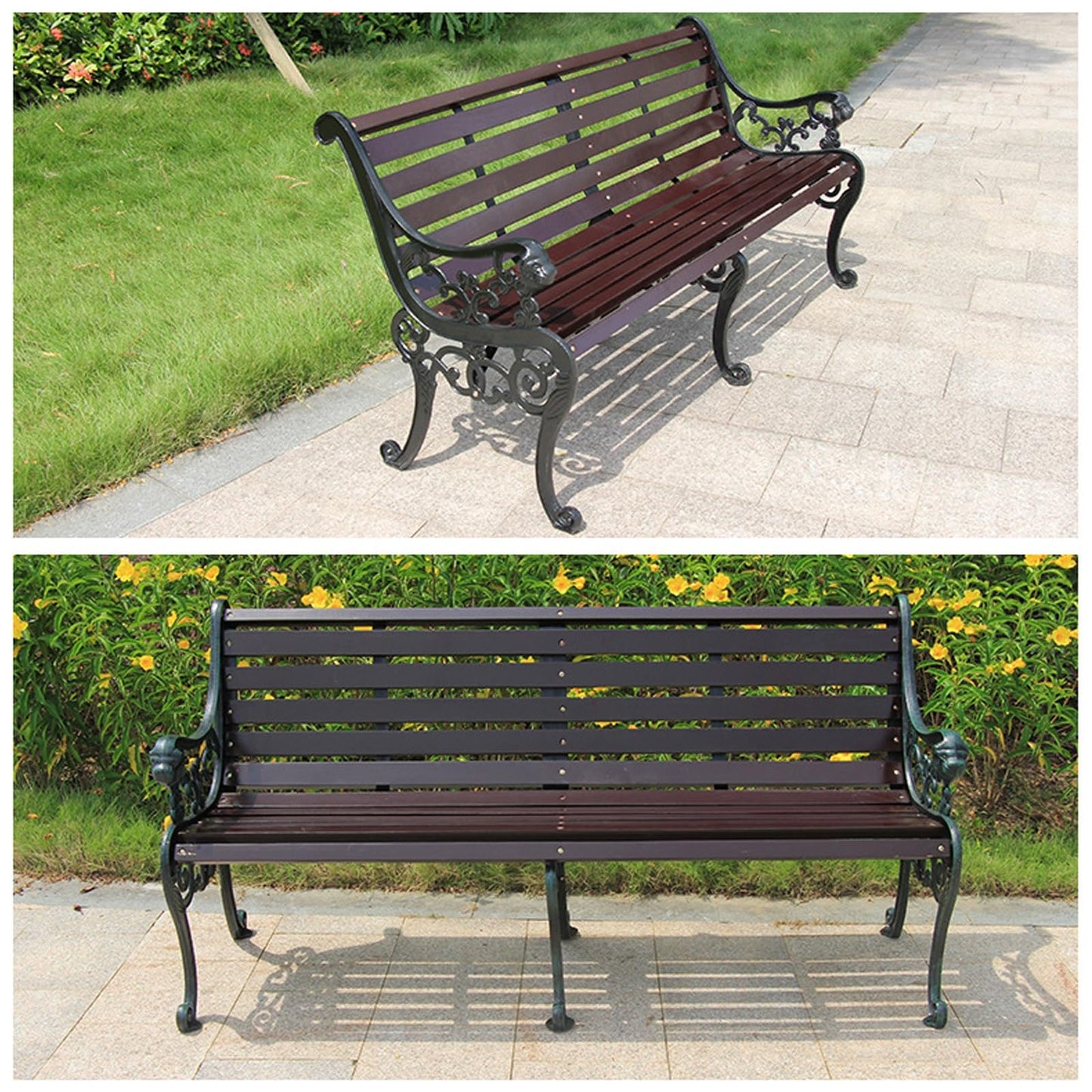 YLLSMGS Outdoor Benches Patio Garden Bench with Rust Resistant Cast Iron Frame with Backrest and Armrests for Backyard Lawn(Brown,125cm/49in)