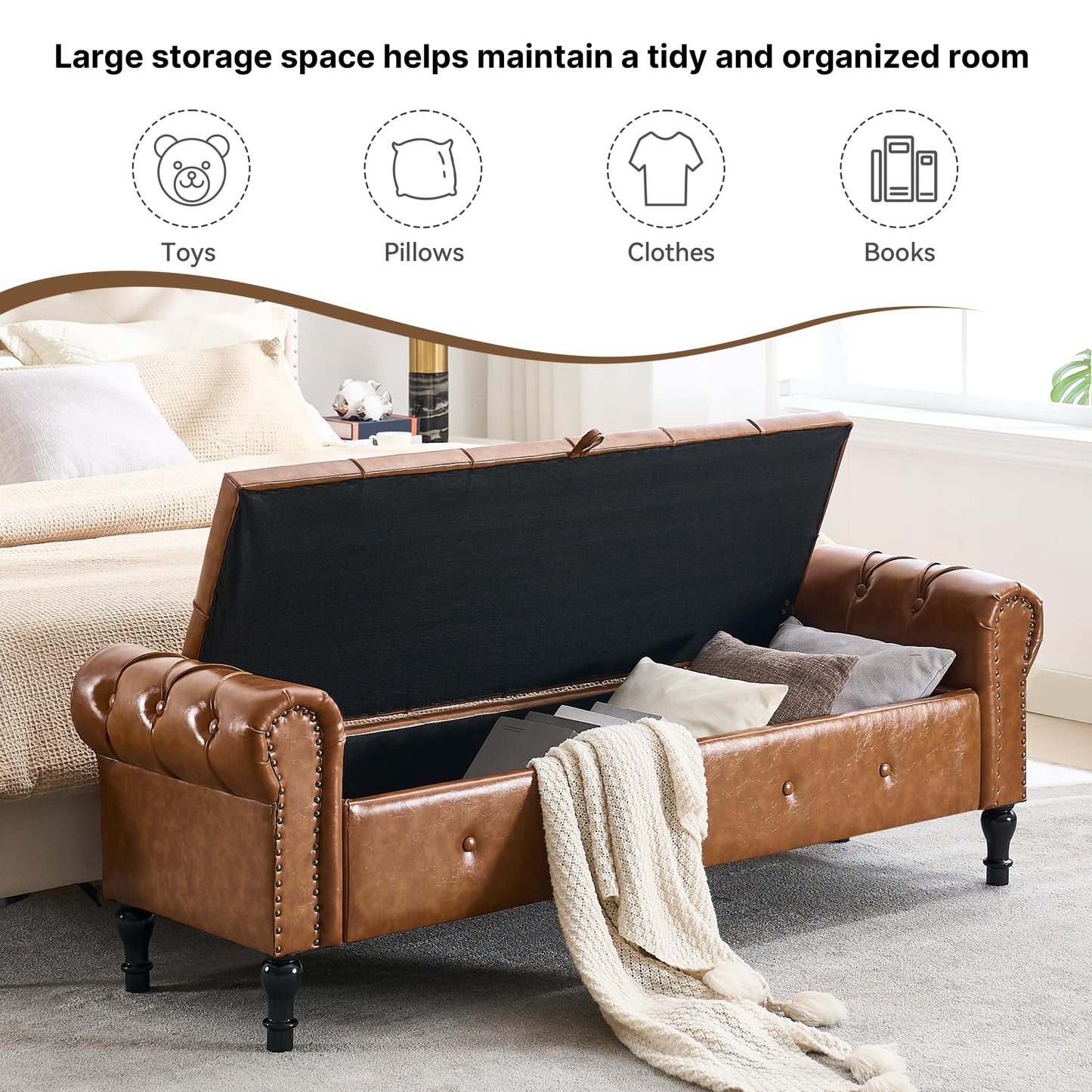 HOMYKA Storage Bench for Bedroom, Faux Leather 67" End of Bed Bench, King Size Bench with Arms, Tufted Storage Ottoman Benches, Upholstered Bench for Bedroom, Living Room, Entryway, Brown