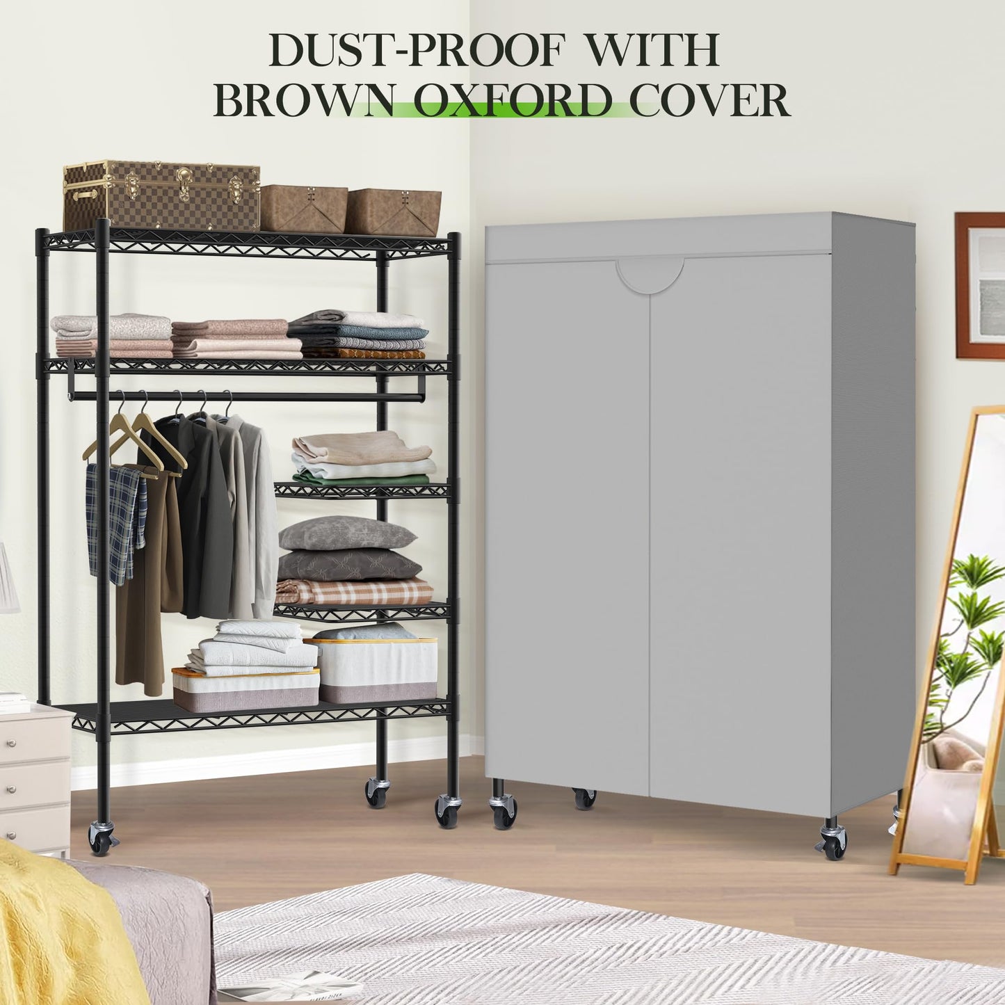 JS HOME Heavy Duty Garment Rack, Free-Standing Rolling Clothes Rack with Fitted Grey Oxford Cover, Extra Large Wardrobe Storage Rack/Organizer
