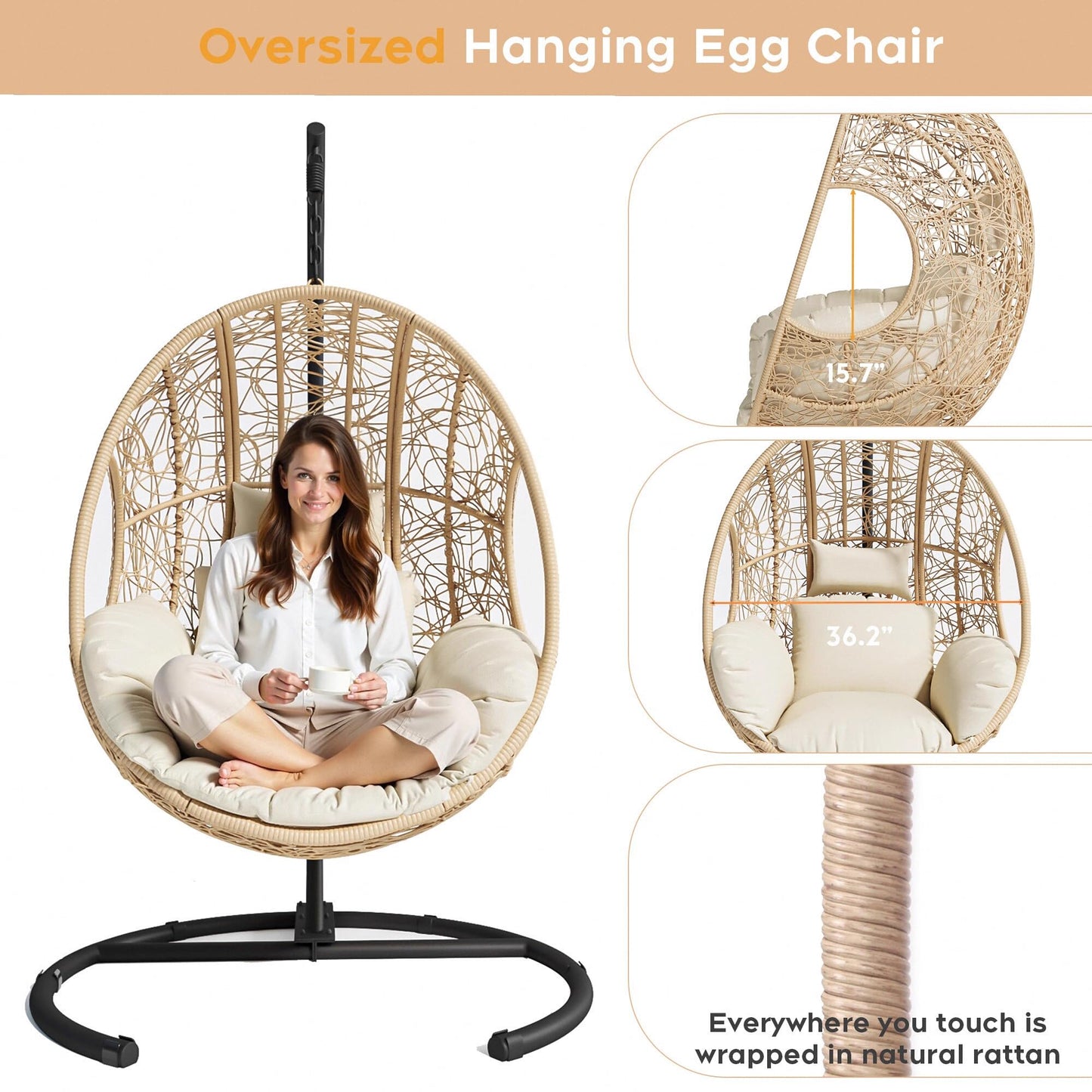 Terravoy Hanging Egg Chair with Stand, Outdoor Swing Egg Chair with Rain Cover, 400 LBS Capacity All-Weather PE Wicker Swing Chair with Waterproof Cushions (Beige, Nest)