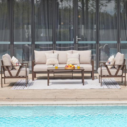 COMLAX FIELD Outdoor Patio Furniture Set, 4 Pieces Metal Patio Furniture Set with Coffee Table, Modern Outdoor Patio Conversation Seating Set, Beige