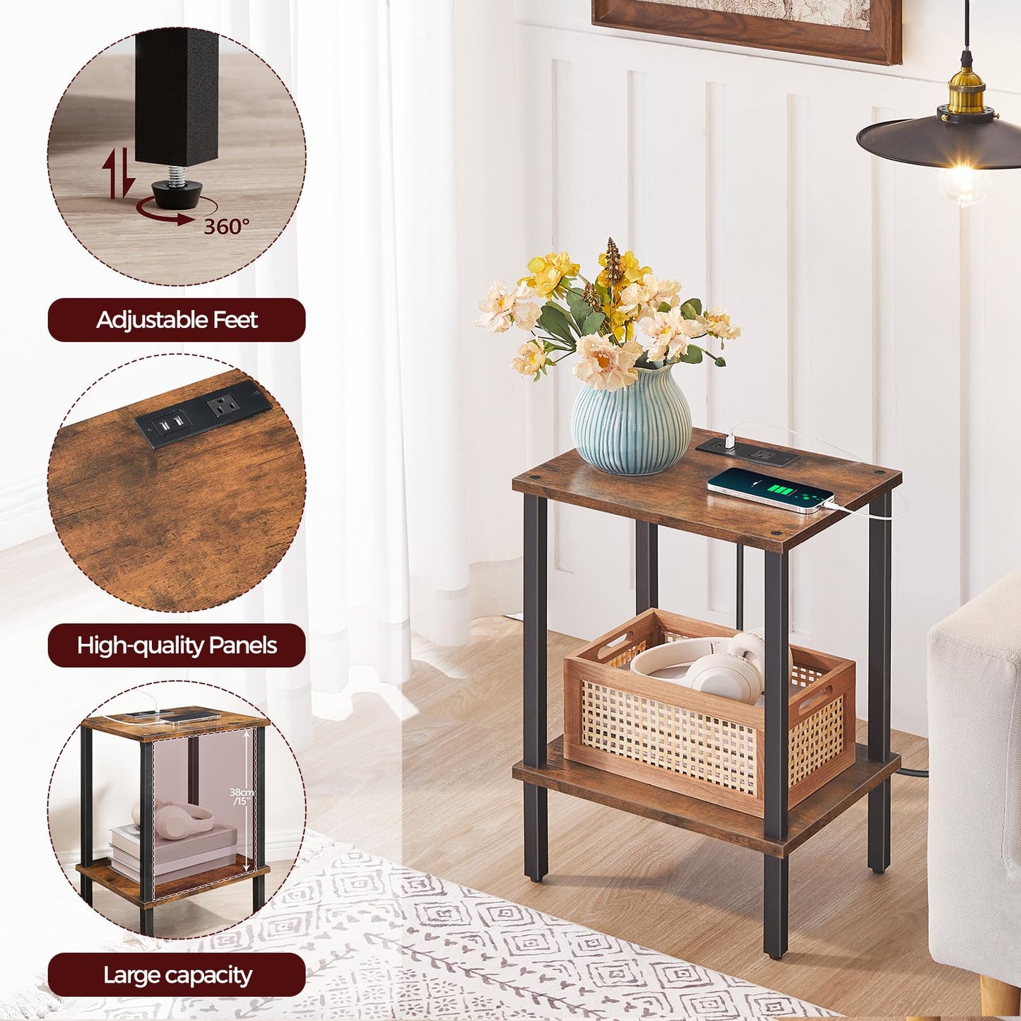 MAHANCRIS Side Table Set of 2, End Table with Charging Station, Nightstand with USB Ports and Outlet, Wooden Bedside Table for Small Space,Living Room, Bedroom, Easy Assembly, Rustic Brown ETHR79E01S2