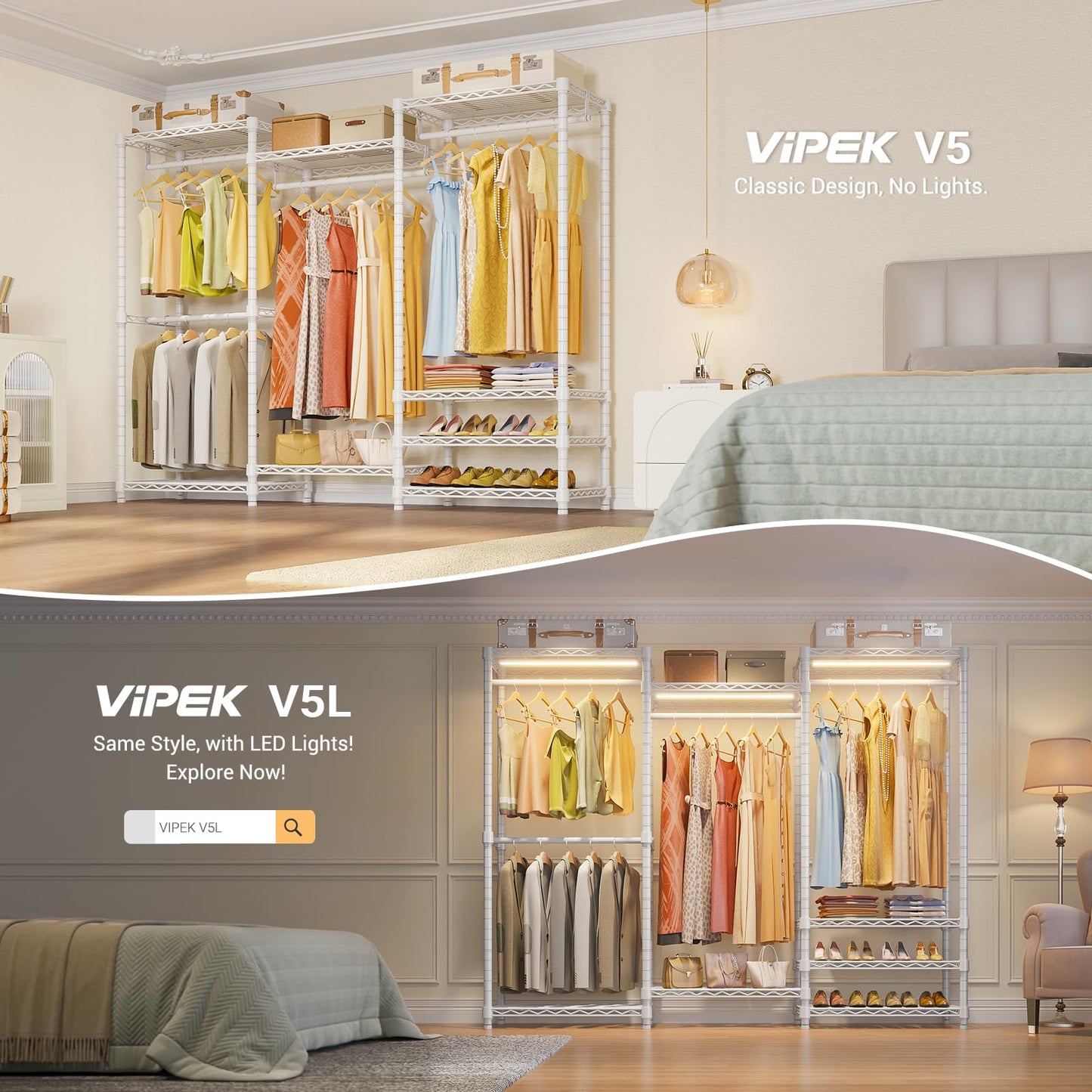 VIPEK V5 Portable Closet Wardrobe Heavy Duty Clothes Rack, Freestanding Clothing Racks with 4 Hang Rods & 8 Shelves, Adjustable Custom Closet Racks, 68.9" L x 15.7" W x 76.4" H, Max Load 800LBS, White