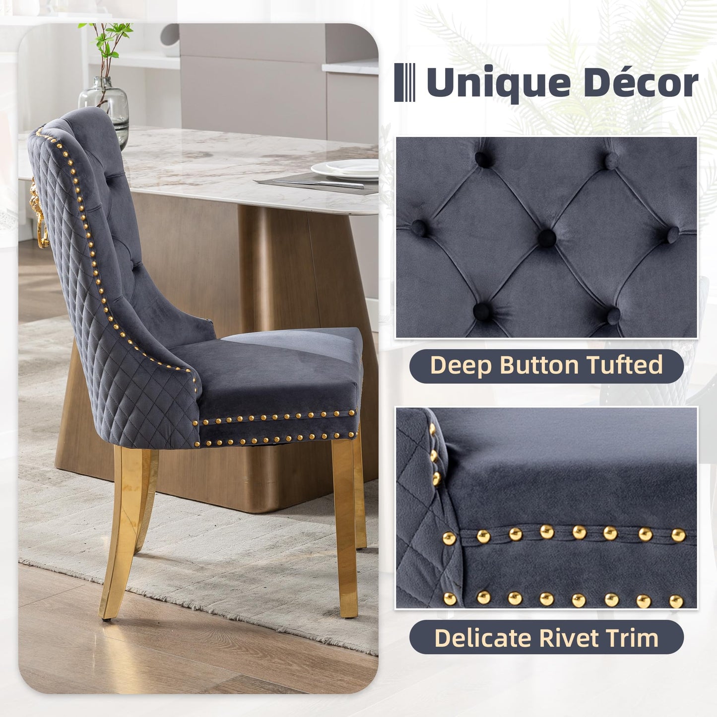 GOOLON Velvet Dining Chairs Set of 6, Upholstered Dining Room Chairs, Mid-Century Modern Chairs with Diamond Lattice Tufted Back, Lion Pull Ring Rivet Trim, Golden Metal Legs for Kitchen, Dark Grey