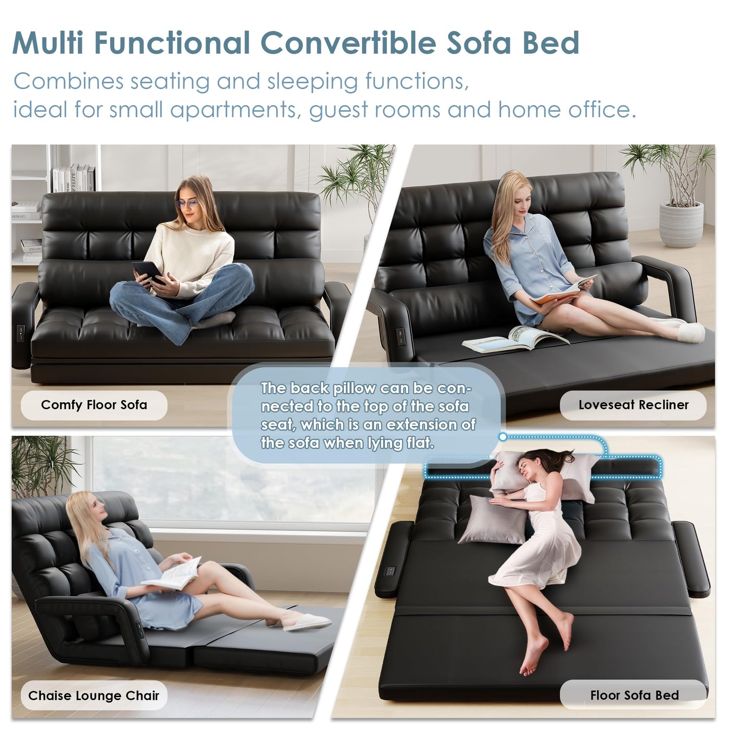 STHOUYN 6-Position Floor Couch Convertible Sleeper Sofa with USB, Black Leather Love Seat Sleeper Bed Small Space, Lounge Folding Sofa Bed with Pillow, Comfy Couch for Bedroom Living Room (Black)