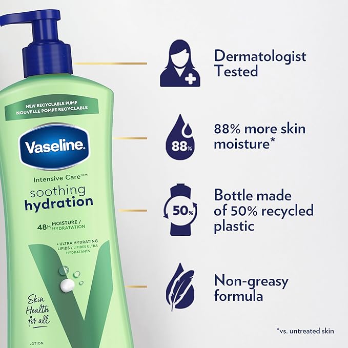 Vaseline Intensive Care Body Lotion for Dry Skin Soothing Hydration Lotion Made with Ultra-Hydrating Lipids + 1% Aloe Vera Extract to Refresh Dehydrated Skin 20.3 oz, Pack of 3
