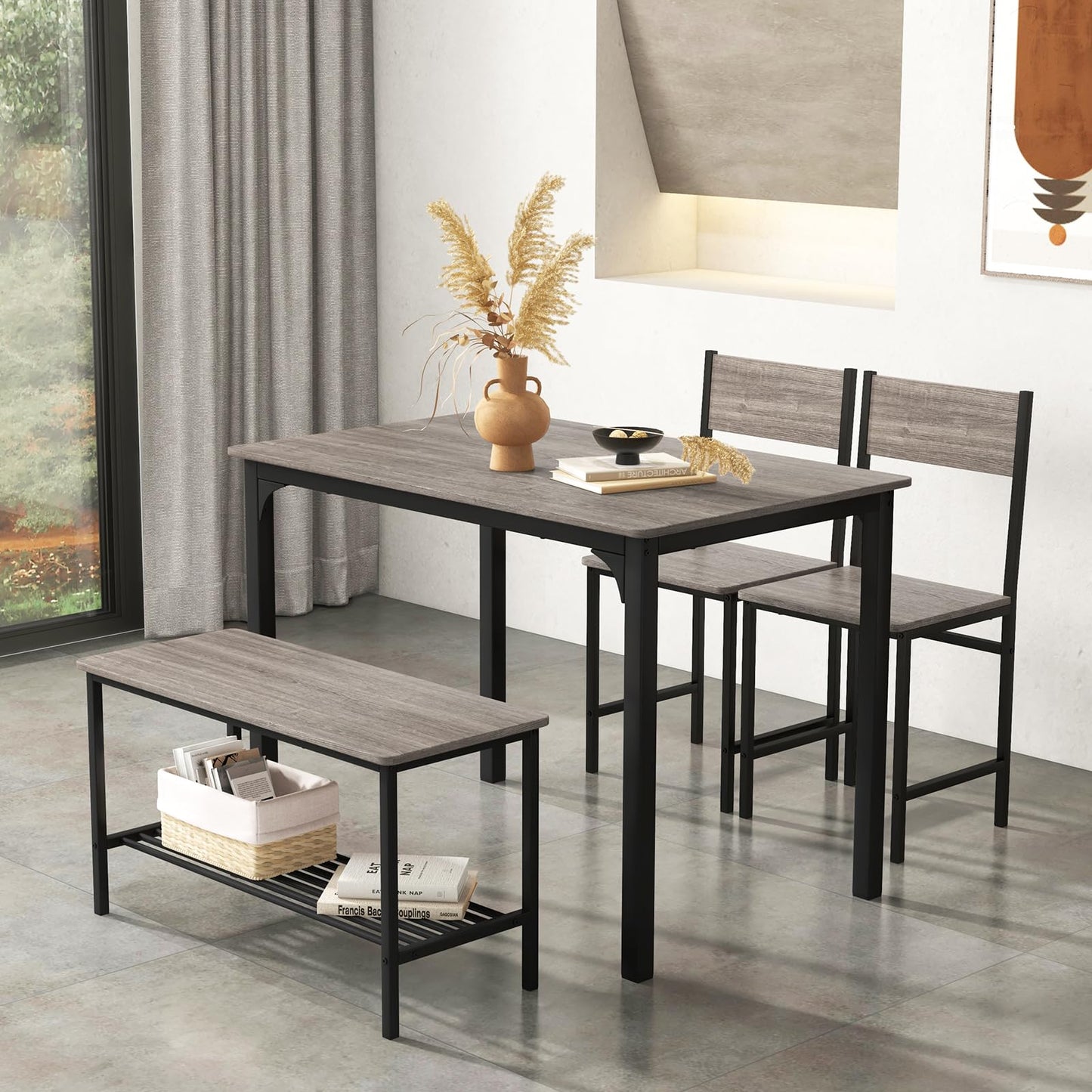 ReunionG Dining Table Set for 4, Modern Dinette with 1 Bench & 2 Chairs, Storage Shelf, 4-Piece Kitchen Table for Small Space, Apartment, Dining Room, Restaurant (Grey)