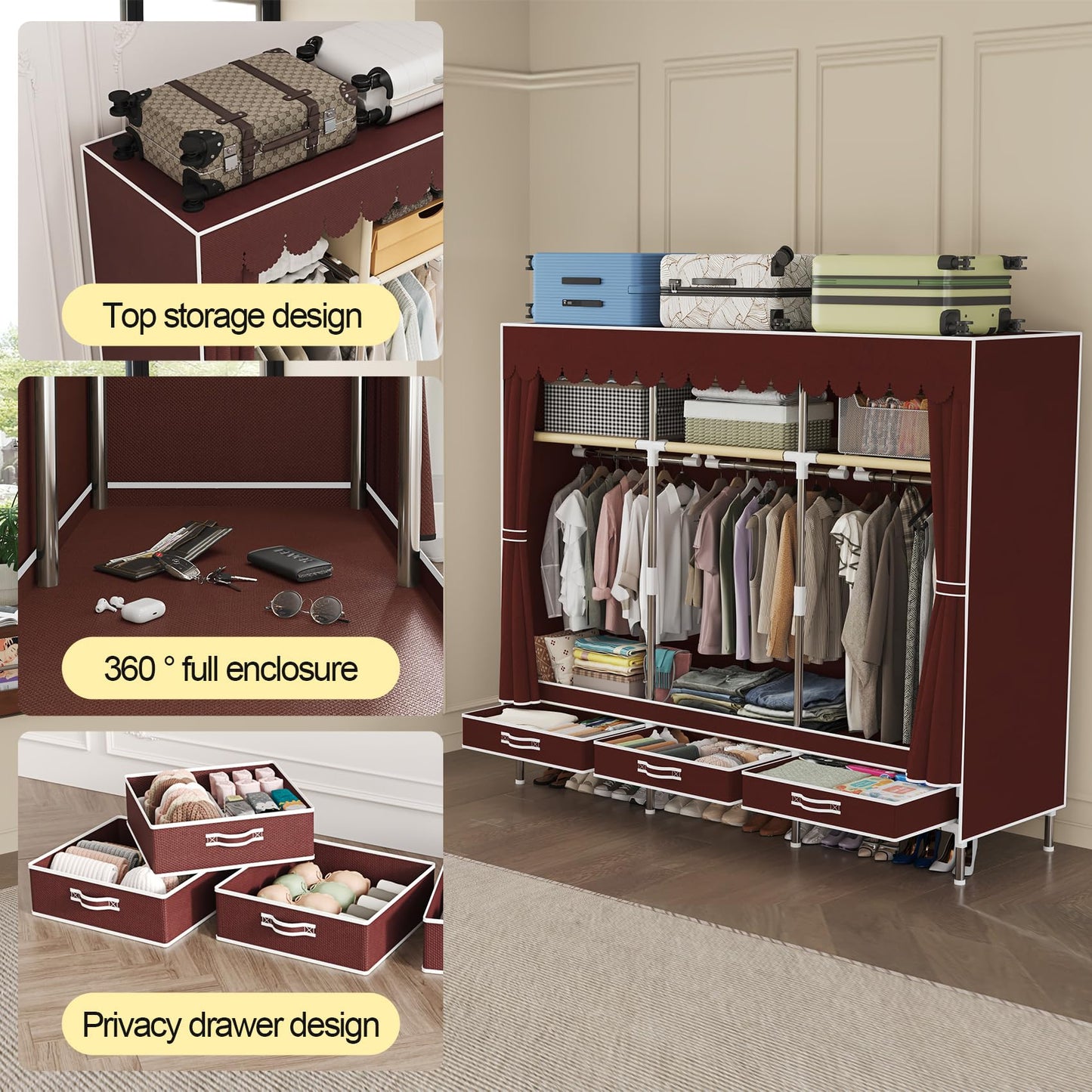 LEAIJIAFY Portable Wardrobe, Metal Frame with Crimson Non-Woven Cover, 3 Hanging Rods, 3 Drawers, 3 Lockers,Portable Wardrobe with Drawers, Clothing Storage, Bedroom