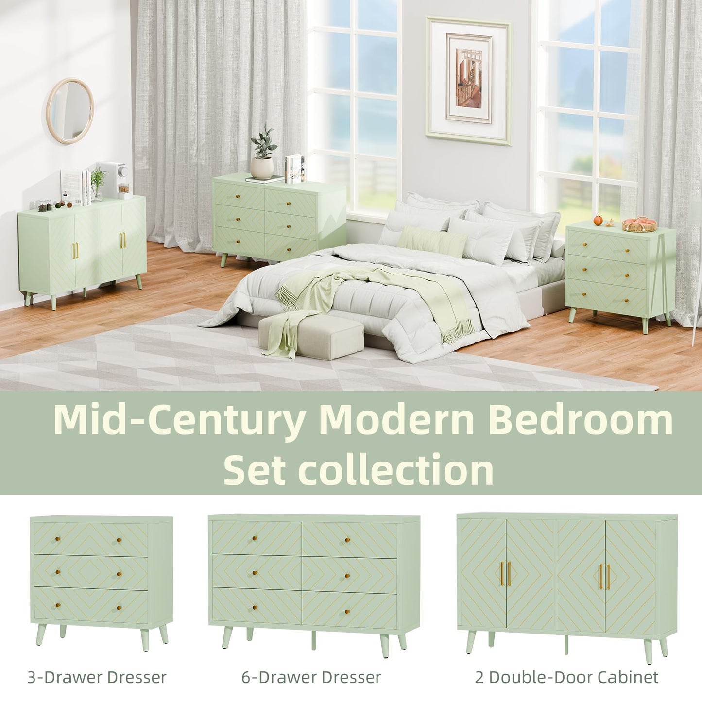 FNCK Green Dresser for Bedroom, 6 Drawer Dresser with Wide Drawer, Wood Dressers & Chests, TV Stand for 50" TV, Modern Storage Cabinet for Dorm, Hallway, Dressers and Nightstand Sets