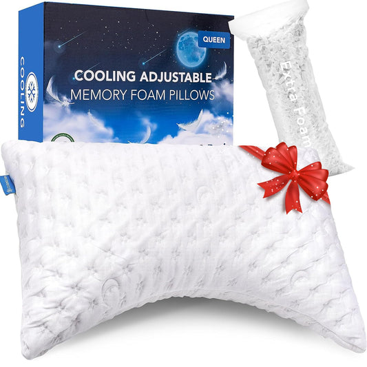Cooling Side Sleeper Pillow for Neck and Shoulder Pain, Luxury Shredded Memory Foam Curved Bed Pillows for Sleeping Set of 1- Adjustable Queen Size- Washable Cover Crescent White