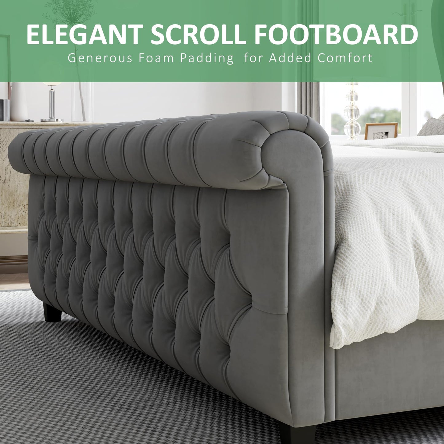 AMERLIFE Queen Size Platform Bed Frame, Velvet Upholstered Sleigh Bed with Scroll Wingback Headboard & Footboard/Button Tufted/No Box Spring Required/Grey