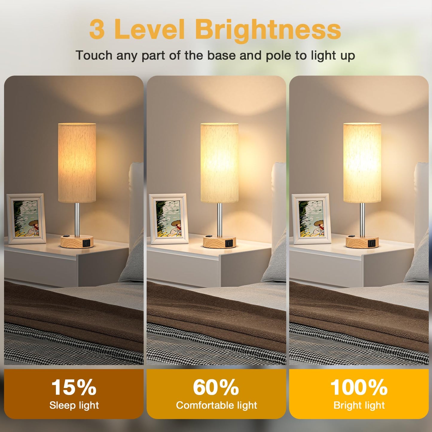 Touch Bedside Table Lamps Set - 3 Way Dimmable Bedroom Lamps Set of 2 with USB C and A Ports, Small Lamps for Nightstand with AC Outlet, Wood Base Round Flaxen Shade for Desk, Office, Dorm, Nursery