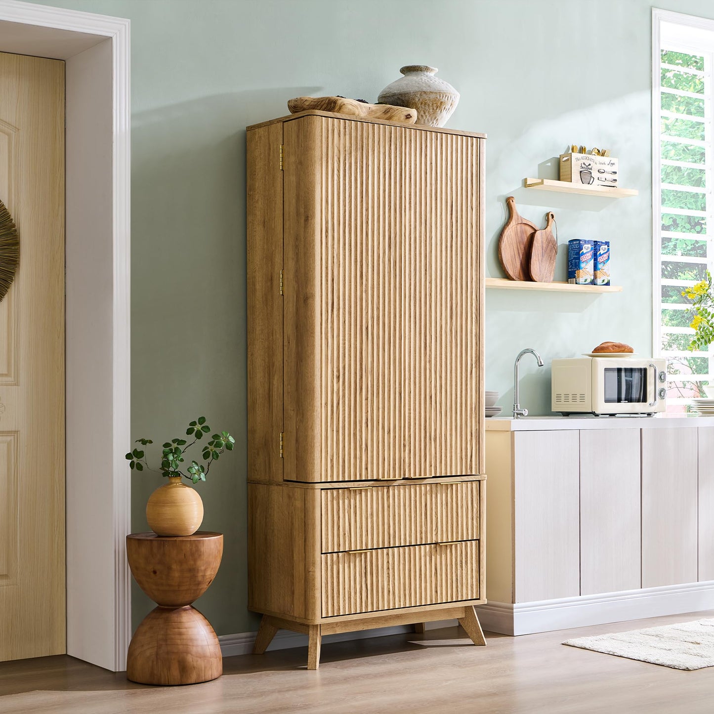 OKD Fluted Pantry Cabinet, Modern Kitchen Hutch, 72" Tall Storage Cabinet with 10 Door Shelves & 2 Drawers, Wood Cupboard for Kitchen & Living Room, Natrual Oak