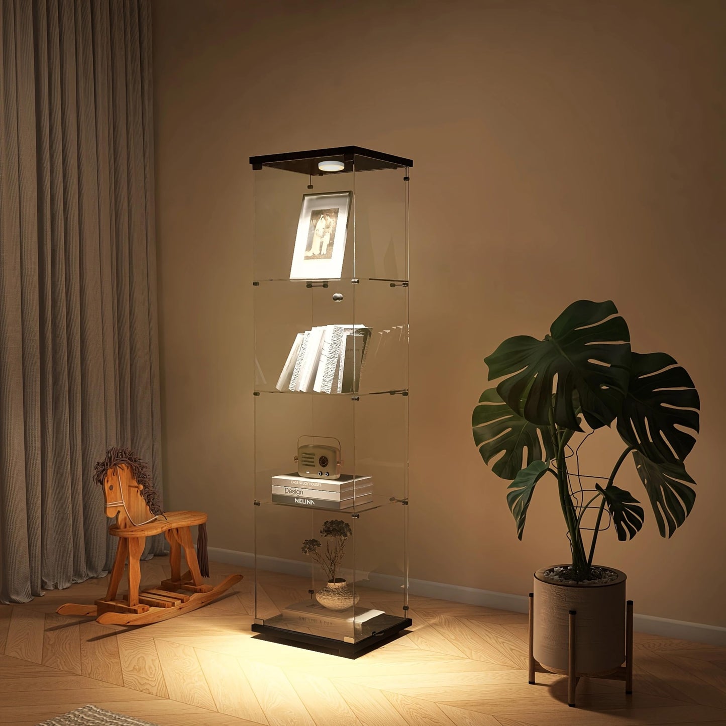 Zacis Glass Display Cabinet with Lights and Lock, 4-Tier Display Case Curio Cabinet with Glass Door, Floor Standing Showcase for Living Room Bedroom Home Office 16.7" W x 14.3" D x 64.5" H