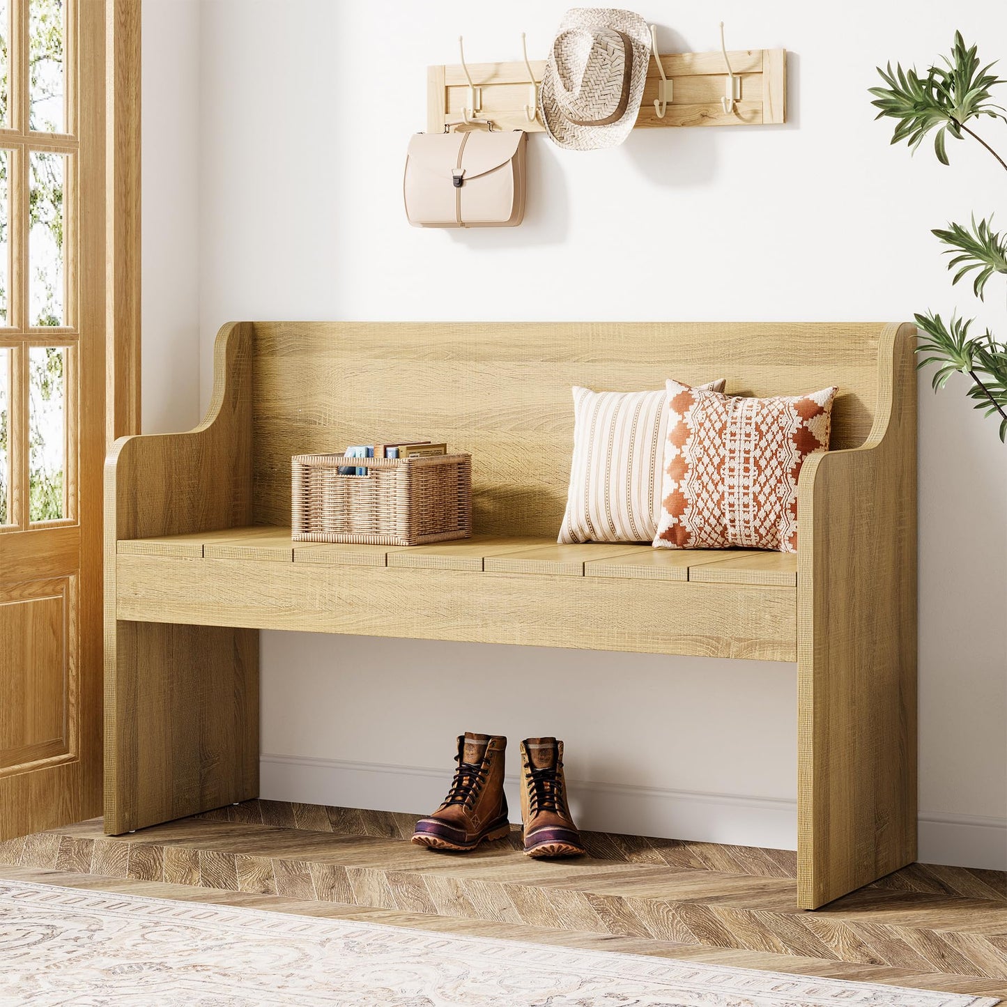 Tribesigns Entryway Bench with Back, 43.3" Farmhouse Wooden Indoor Bench, End of Bed Stool for Bedroom, Living Room, Dining Room, Easy Assembly, Natural