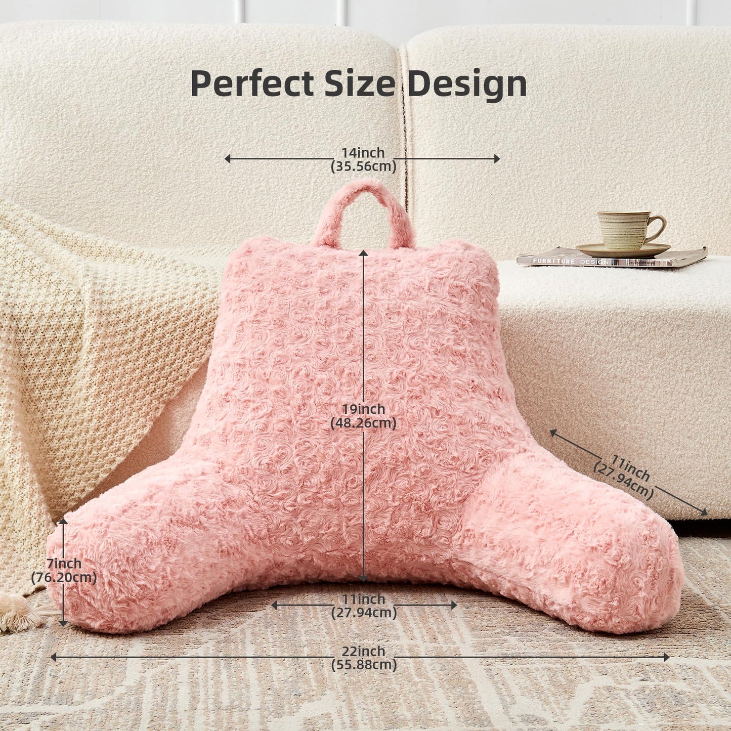 MUFEW Reading Pillow,Rose Velvet Back Pillow with Arms for Bed Sitting Up,Bed Pillow for Adult Children,Backrest Pillows with Washable Cover, Chair Pillow for Watching TV/Gaming/Relaxing (Pink)