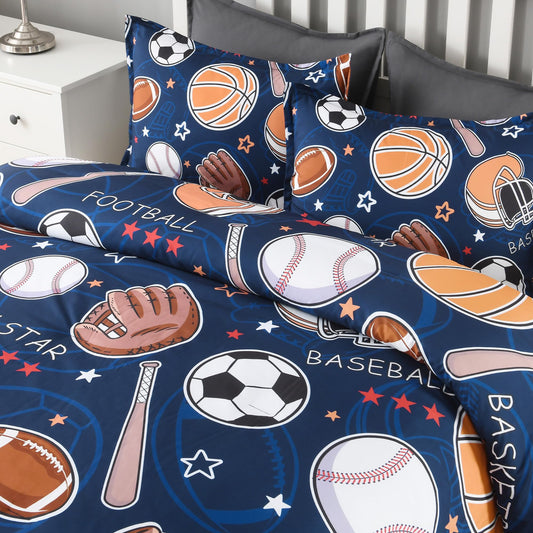 Andency Cartoon Ball Games Comforter Queen(90x90 Inch), 3 Pieces(1 Comforter, 2 Pillowcases) Soccer Basketball Baseball Football Comforter Set Sport Microfiber Bedding Set for Boys Girls Kids Teens