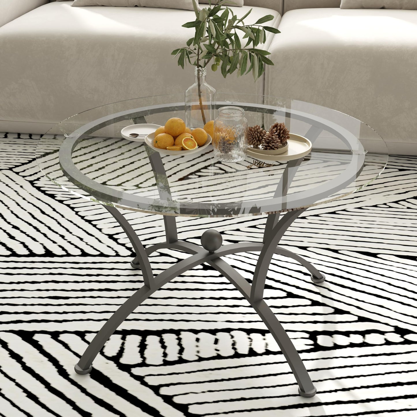 FILINGSKY Modern 3-Piece Tempered Glass Coffee Table Set – Sturdy Metal Frame, Elegant Design, Ideal for Living Room & Lounge Spaces(Round Tempered)
