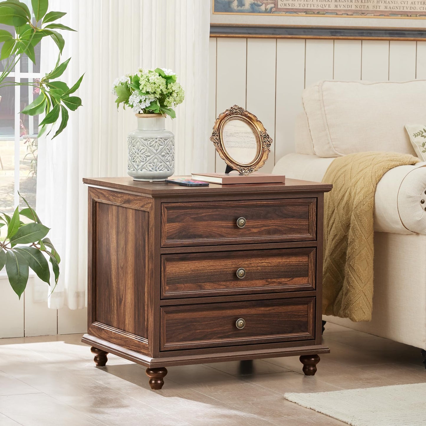 Joaxswe 24" Wide Farmhouse Night Stand Set of 2,Large End Table with 3 Drawers & Metal Handle,Brown Wood Dresser for Bedroom Cabinet, Bed Side Table Chest of Drawers,Nightstand for Living Room,Closet