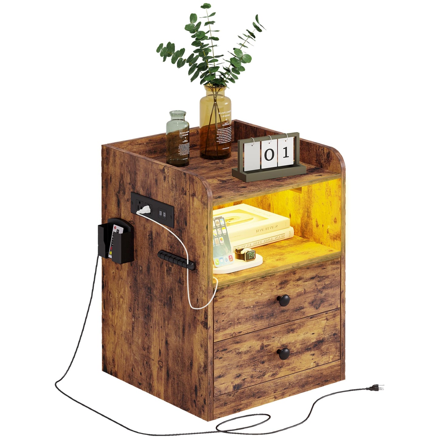 LIKIMIO Nightstand with LED, Charging Station & USB Ports, Night Table with 2 Drawers and Open Shelf, Adjustable Light, Vintage Brown