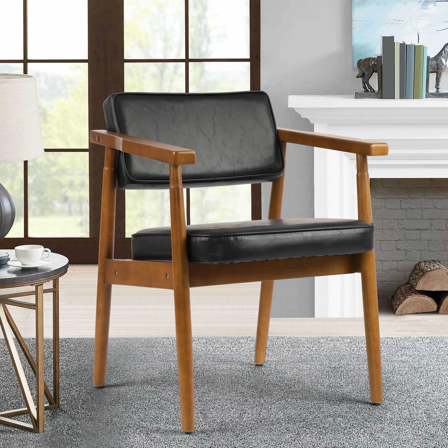 LSSPAID Mid Century Dining Chairs with Wooden Handrail, Black Fabric Upholstered Faux Leather Armchair Comfy Backrest Modern Kitchen Chairs for Bedroom Living Room Dining Room, Set of 1