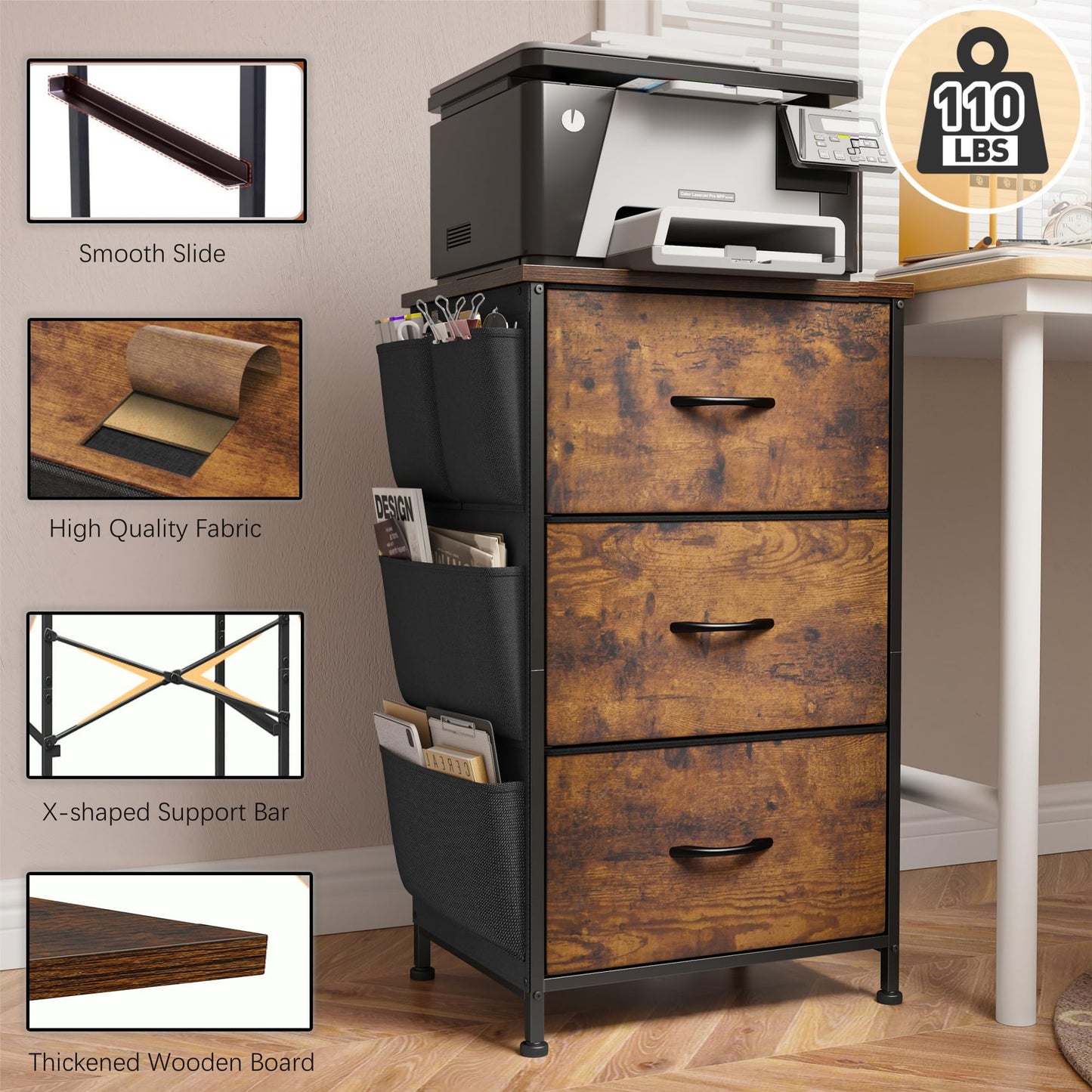 Night Stand Set 2, Night Stand with 3 Drawers for Bedroom, Bedside Table with Wooden Top, Sturdy Steel Frame End Table, Small Dresser for Bedroom, Entryway, Rustic Brown